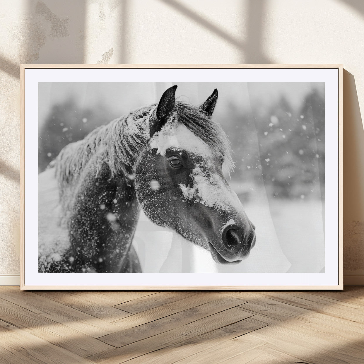 13358-MGC-FP-36x24_Natural-Black Horse Winter Wall Art | Ready to Hang and Framed | Farmhouse and Western Wall Decor for Living Room