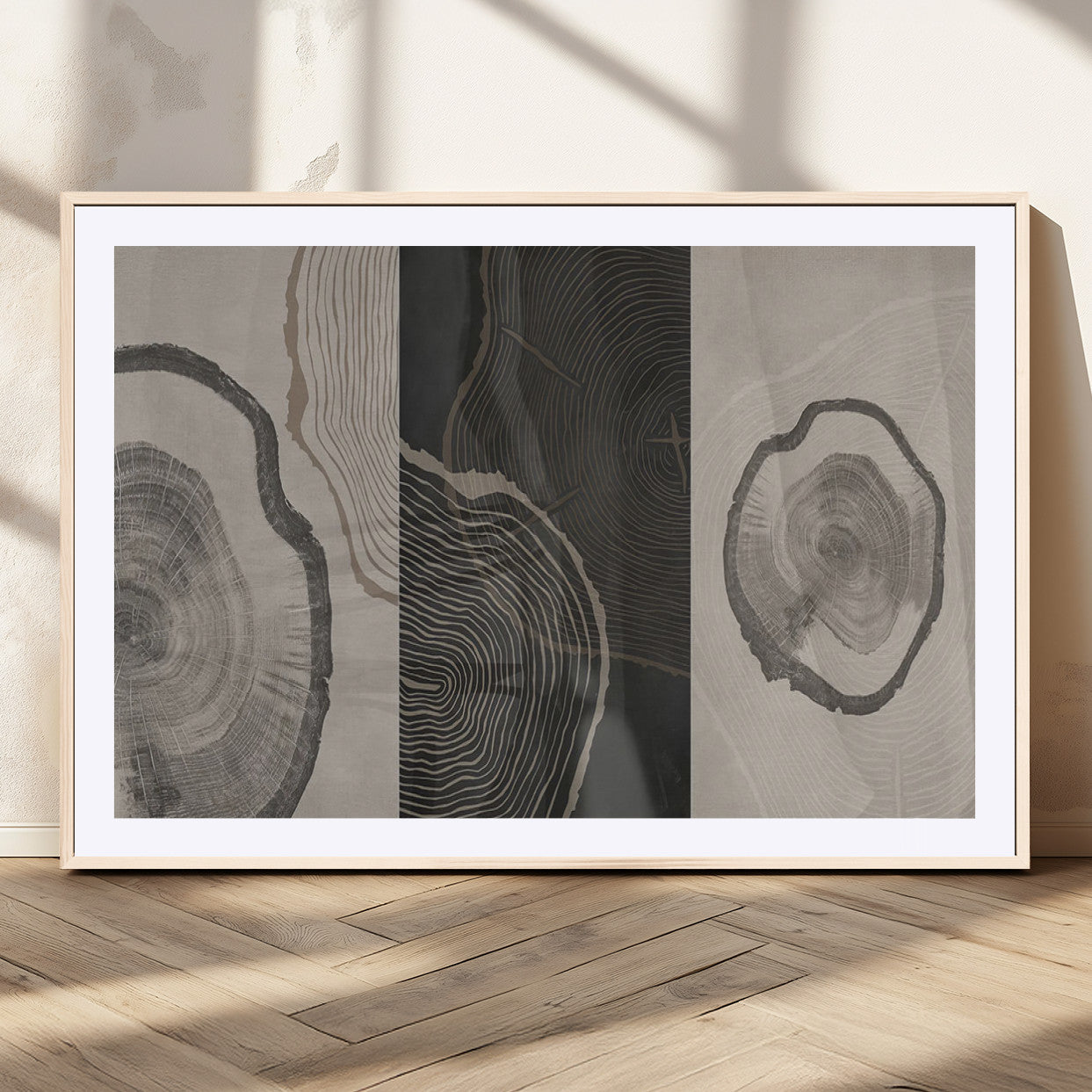 25407-MGC-FP-36x24_Natural-Modern Abstract Tree Ring Canvas Art Set | 3 Panel Large Tree Ring Design for Living Room, Office,