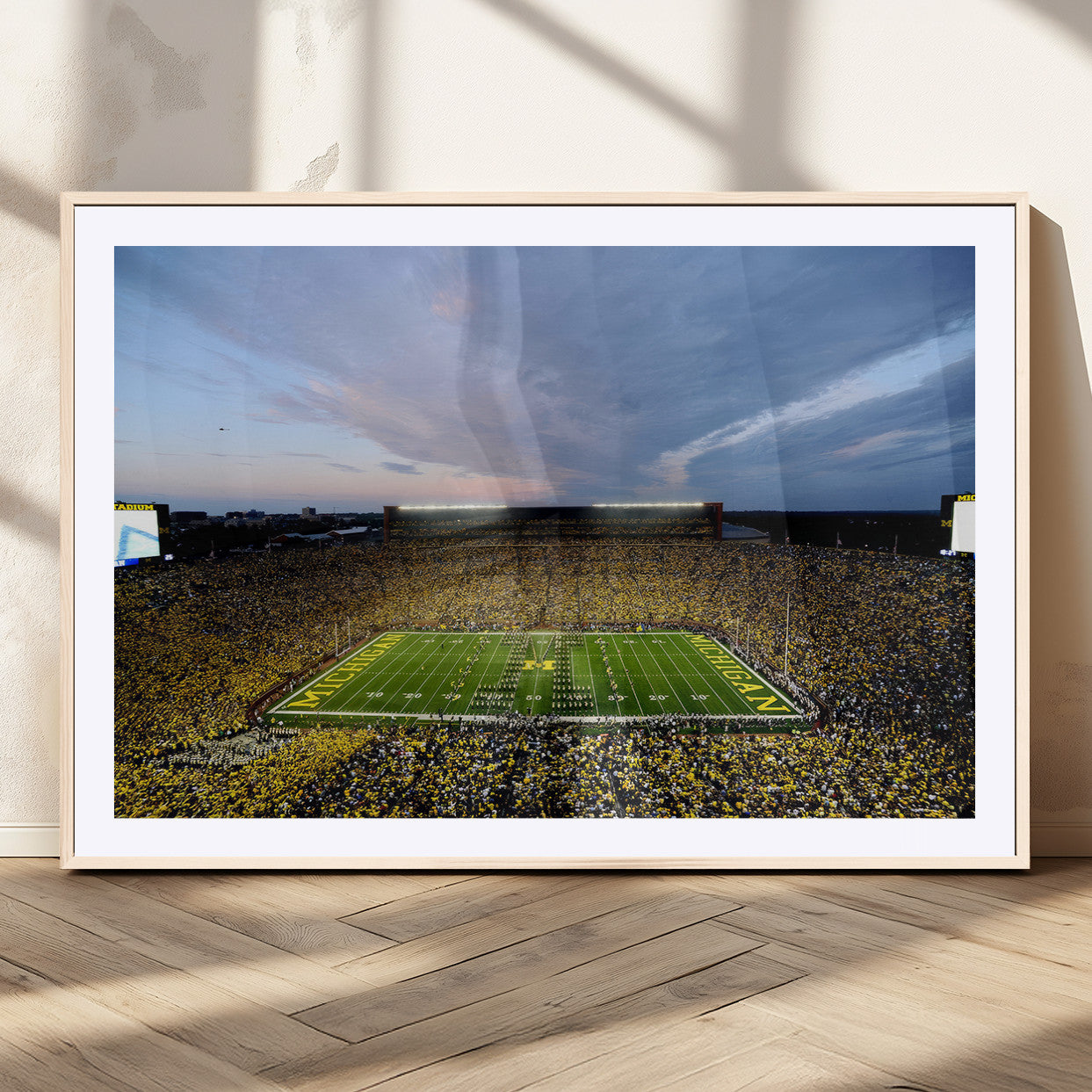 82641-MGC-FP-36x24_Natural-Michigan Stadium Wall Art Canvas Print – Framed Football Field Scene with Marching Band Artwork for Home, Office