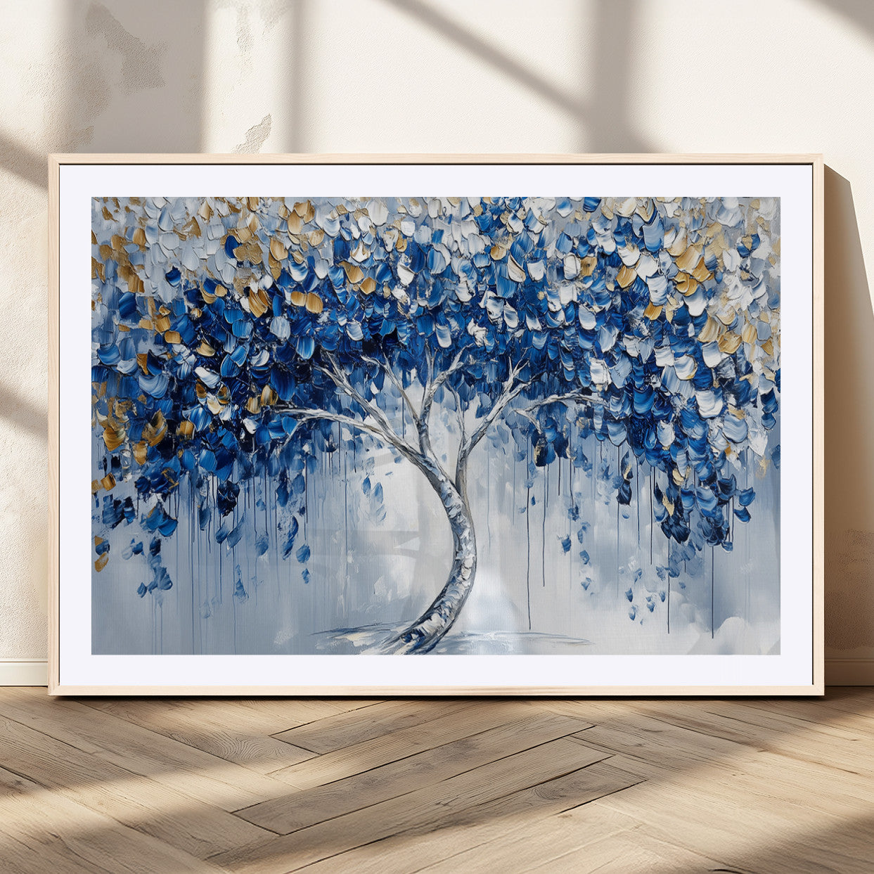 62350-MGC-FP-36x24_Natural-Blue and Gold Abstract Tree Wall Art Canvas Print | Modern Tree of Life Painting | Framed Canvas