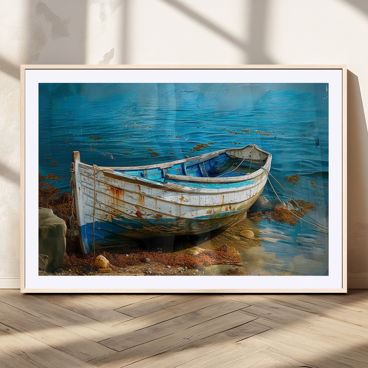 54716-MGV-CV-36X24-Vintage Boat on Tranquil Waters | Coastal Wall Art for Nautical Decor | Rustic Triptych Canvas Print