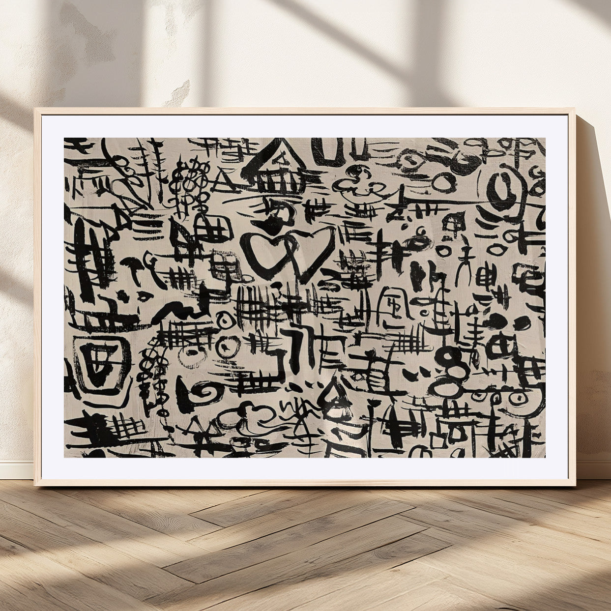 68273-MGC-FP-36x24 - Abstract Love and Chaos Canvas Print, Black Symbols on Beige