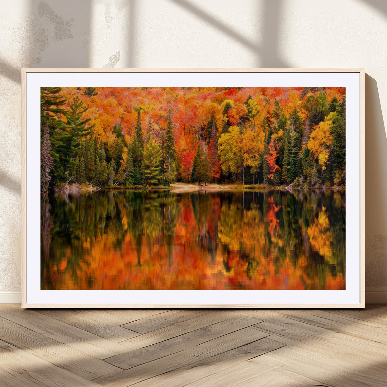 75397-MGC-FP-36x24_Natural-Forest Reflection Art | Autumn Forest Reflection Wall Art | Triptych Canvas Print | Vibrant Fall