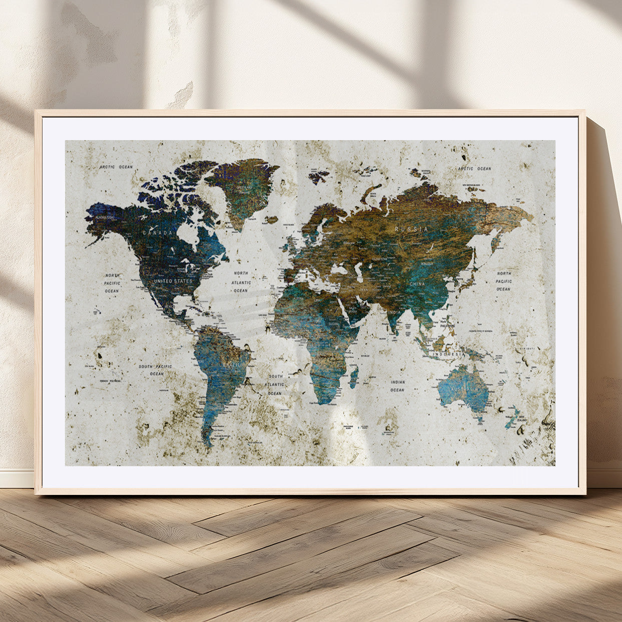 89176-MGV-CV-36X24-Vintage Blue and Brown World Map Canvas Wall Art – Framed Rustic Map Print, Earth Tone Travel Decor for Stylish Home and Office Walls
