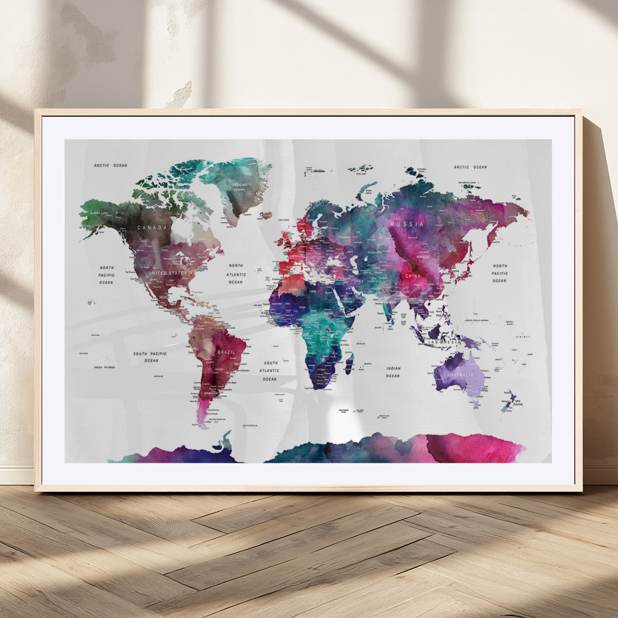 78176-MGV-CV-36X24-Colorful Watercolor World Map Canvas Wall Art – Framed Modern Map Print, Vibrant Travel Inspired Artwork for Home and Office Decor