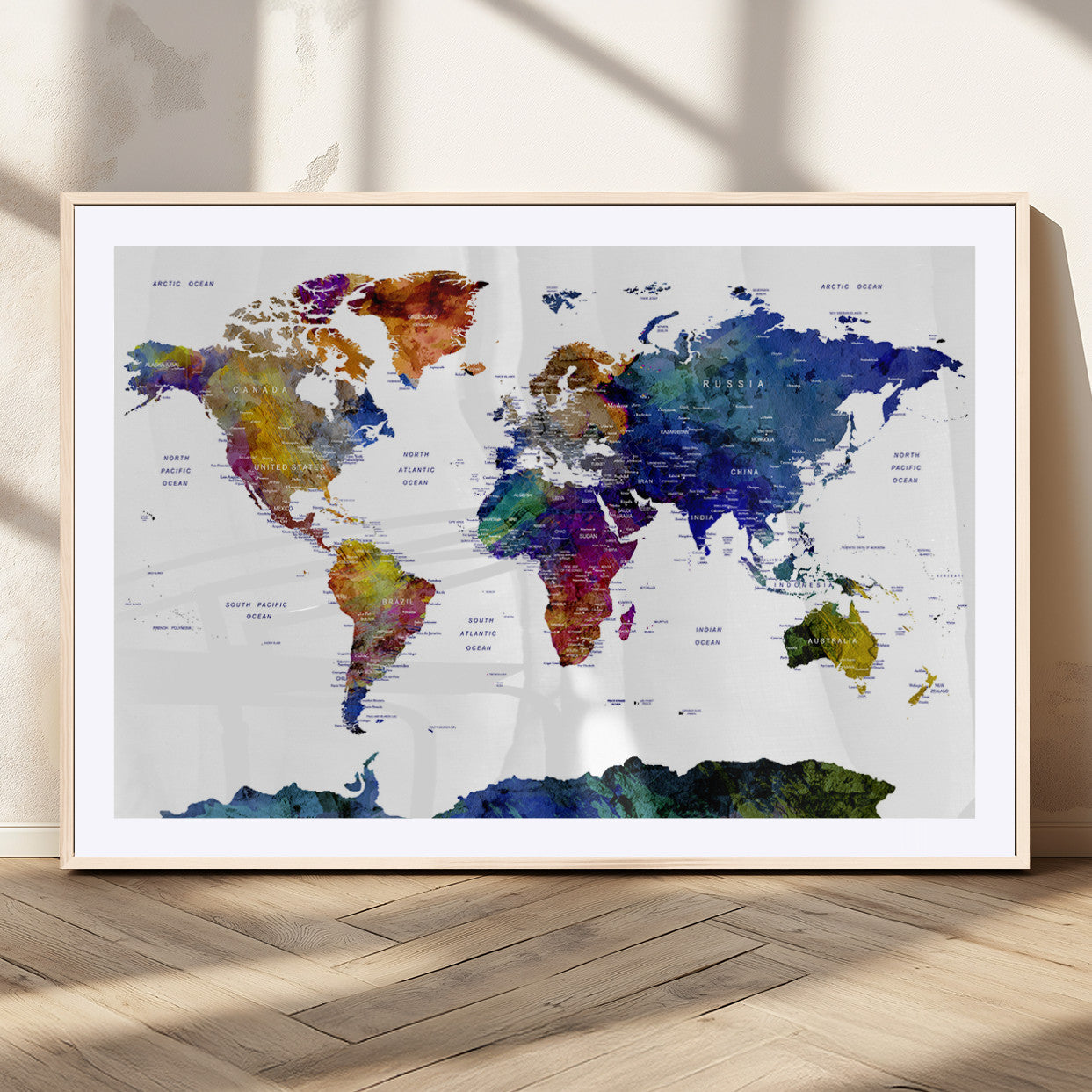 90446-MGV-CV-36X24-Colorful Watercolor World Map Canvas Wall Art – Framed Modern Push Pin Travel Map for Home and Office Decor