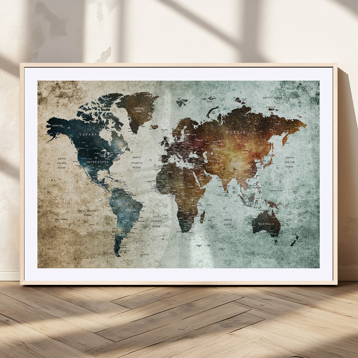 25140-MGC-FP-36x24_Natural-World Map Canvas Print – Framed Vintage Style Push Pin Wall Art, Elegant Travel Map Decor for Home or Office