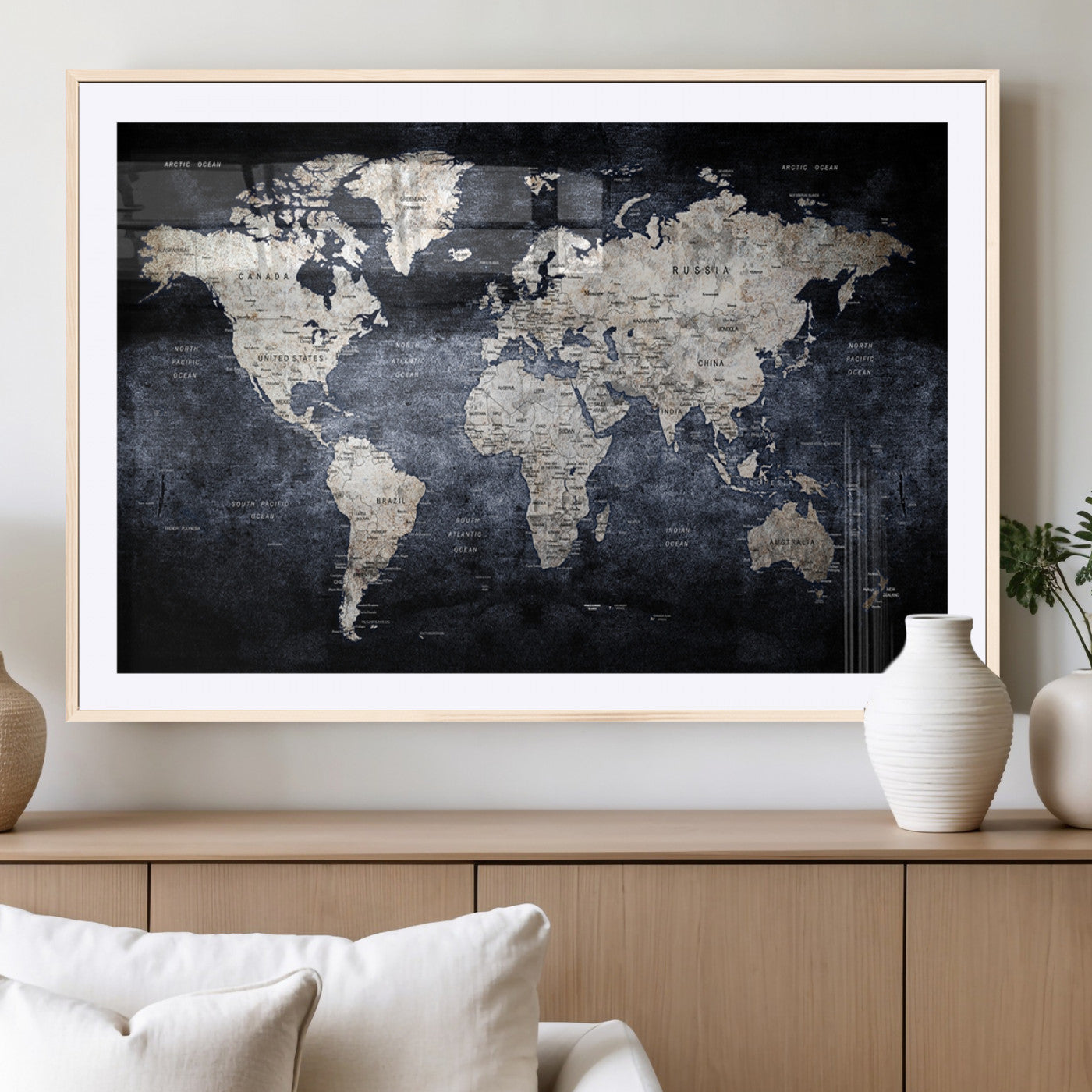 82598-MGV-CV-36X24-Modern Dark World Map Canvas Print – Framed Push Pin Wall Art, Elegant Travel Map Decoration for Home Office or Living Room Decor