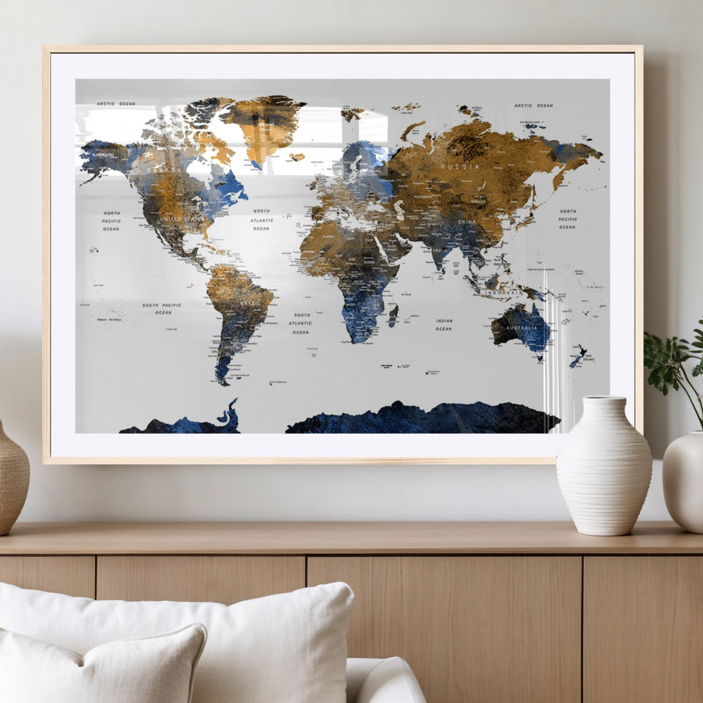 56231-MGV-CV-36X24-Navy and Gold World Map Canvas Wall Art – Framed Modern World Map Print, Elegant Travel Inspired Artwork for Home and Office Decor