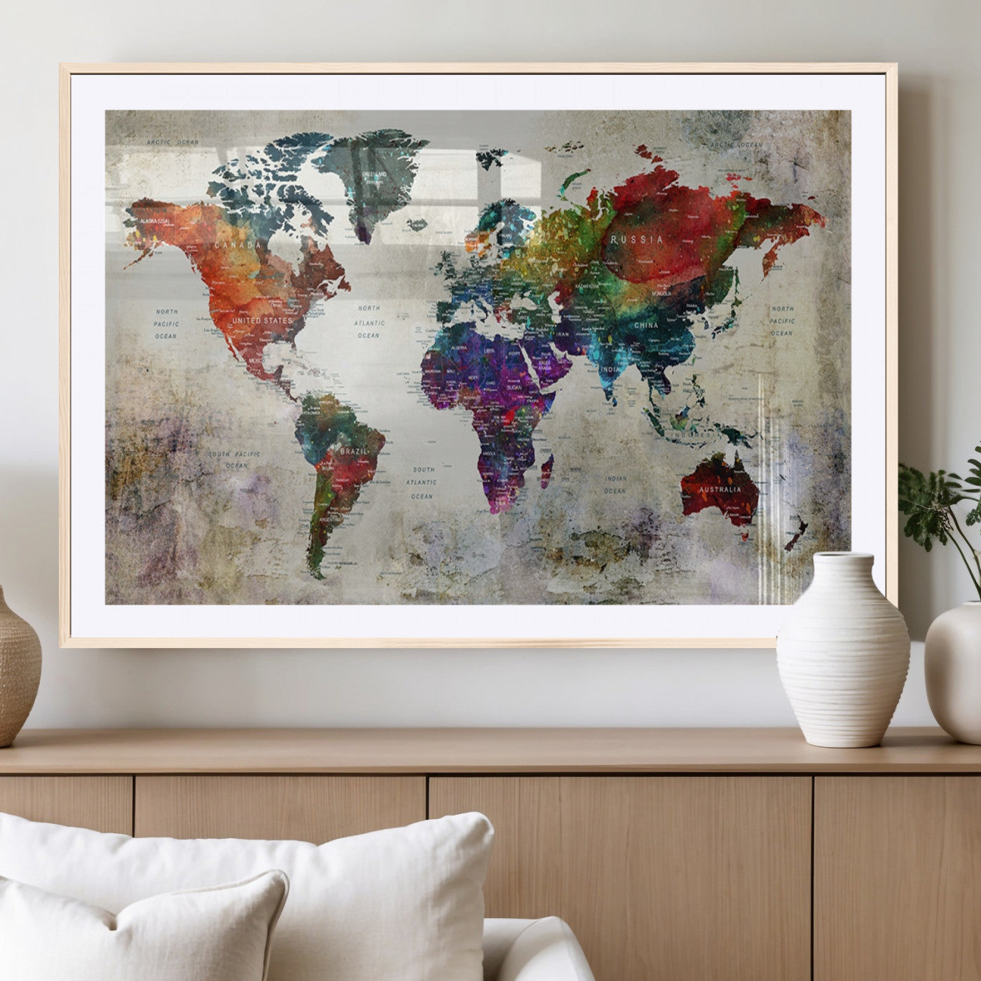 83409-MGC-FP-36x24_Natural-Push Pin World Map Canvas Print – Framed Travel Map Wall Art for Couples, Anniversary Gift, Modern Home or Office Decor
