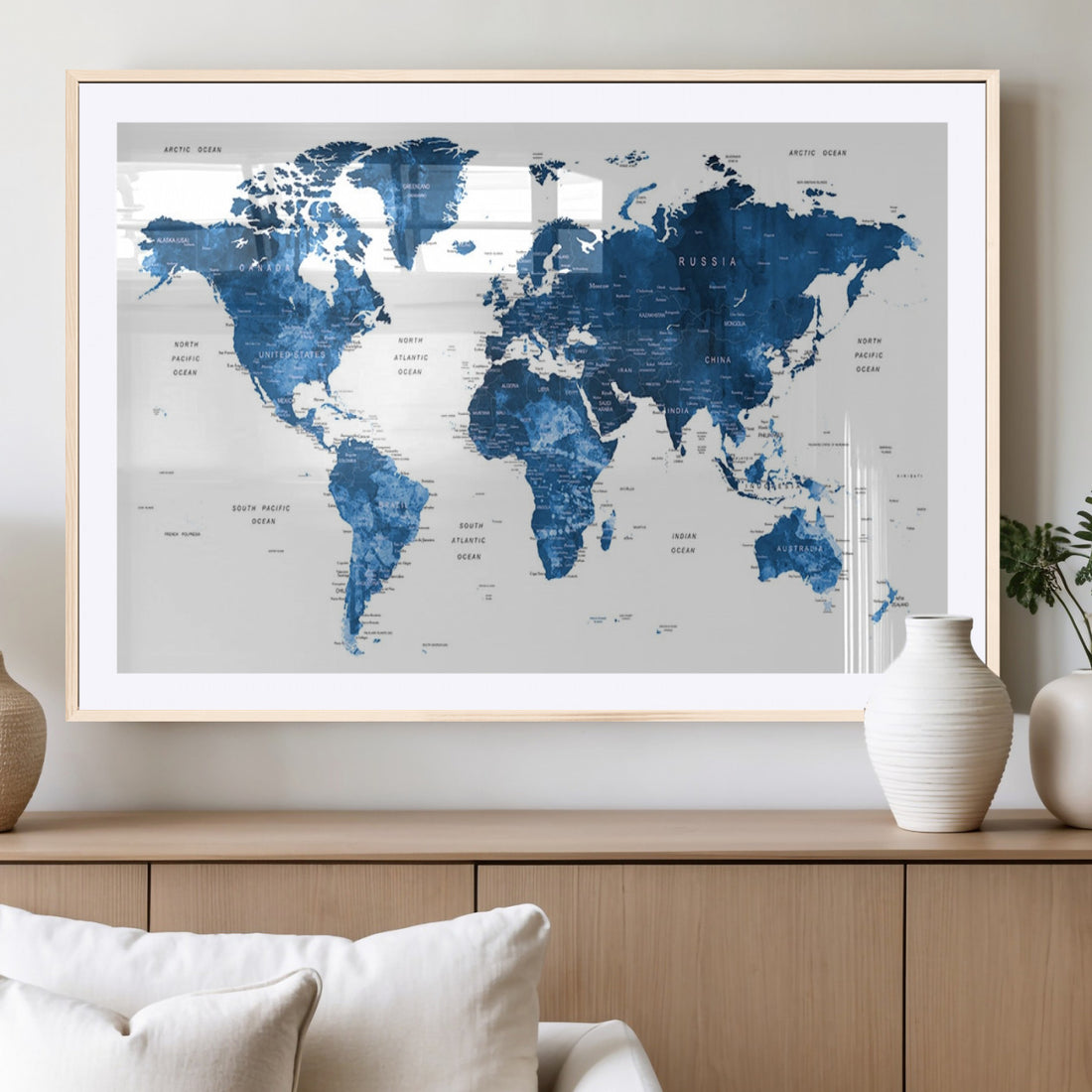 Navy Blue Watercolor World Map Canvas Print | Framed Detailed Map of the World