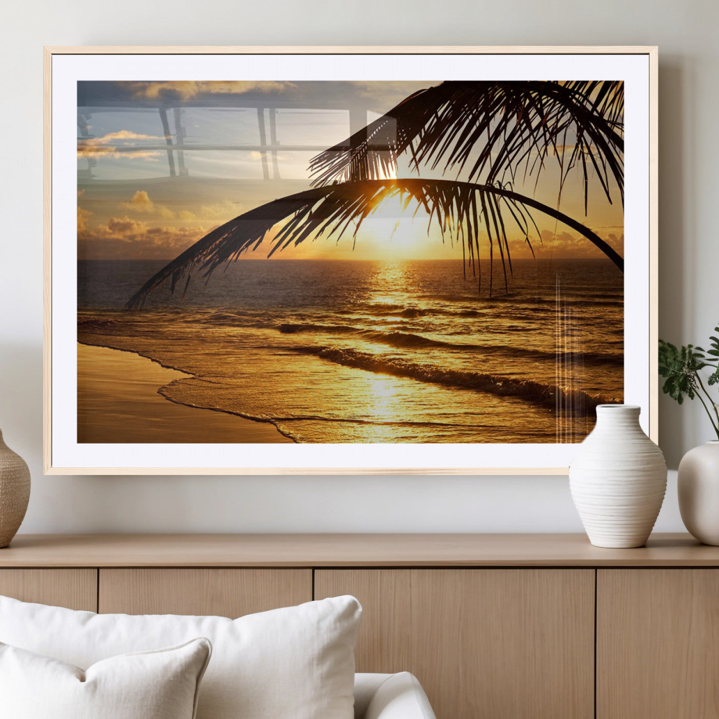 -Golden Tropical Beach Sunset Canvas Triptych, Coastal Palm Tree Wall Art, Ocean Shoreline Giclee
