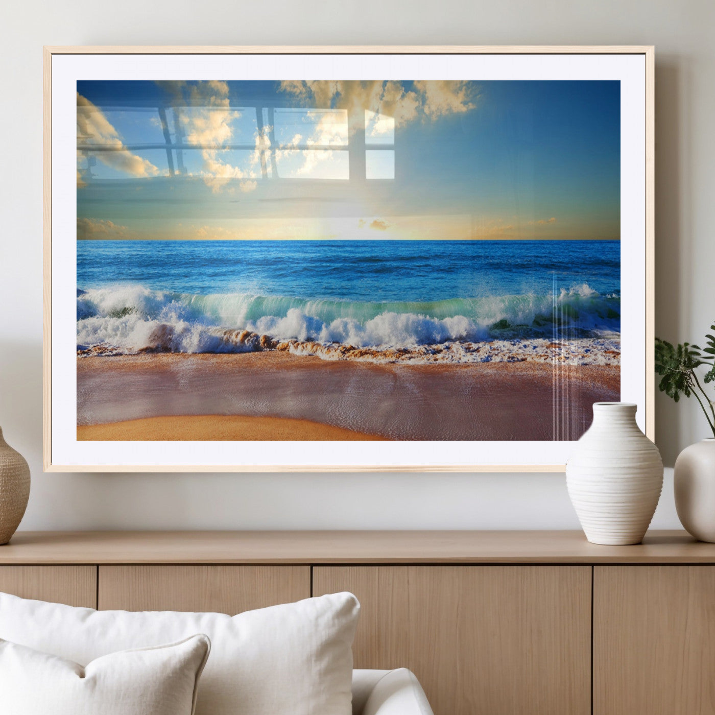 -Tropical Beach Sunset Canvas Art, Ocean Waves and Sandy Shoreline Wall Art, Large Beach Decor for