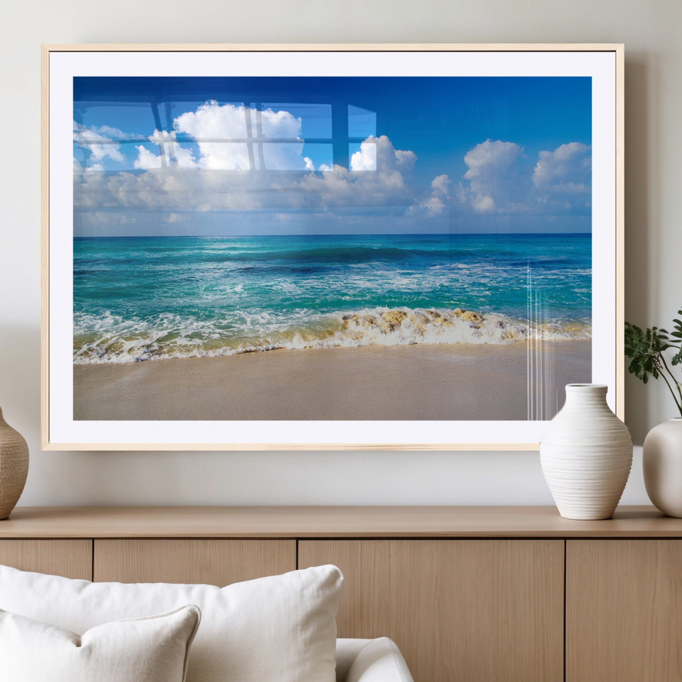 60364-MGV-CV-36X24-Tropical Beach 3-Panel Canvas Wall Art – Serene Ocean Waves and Blue Sky Wall Art Print