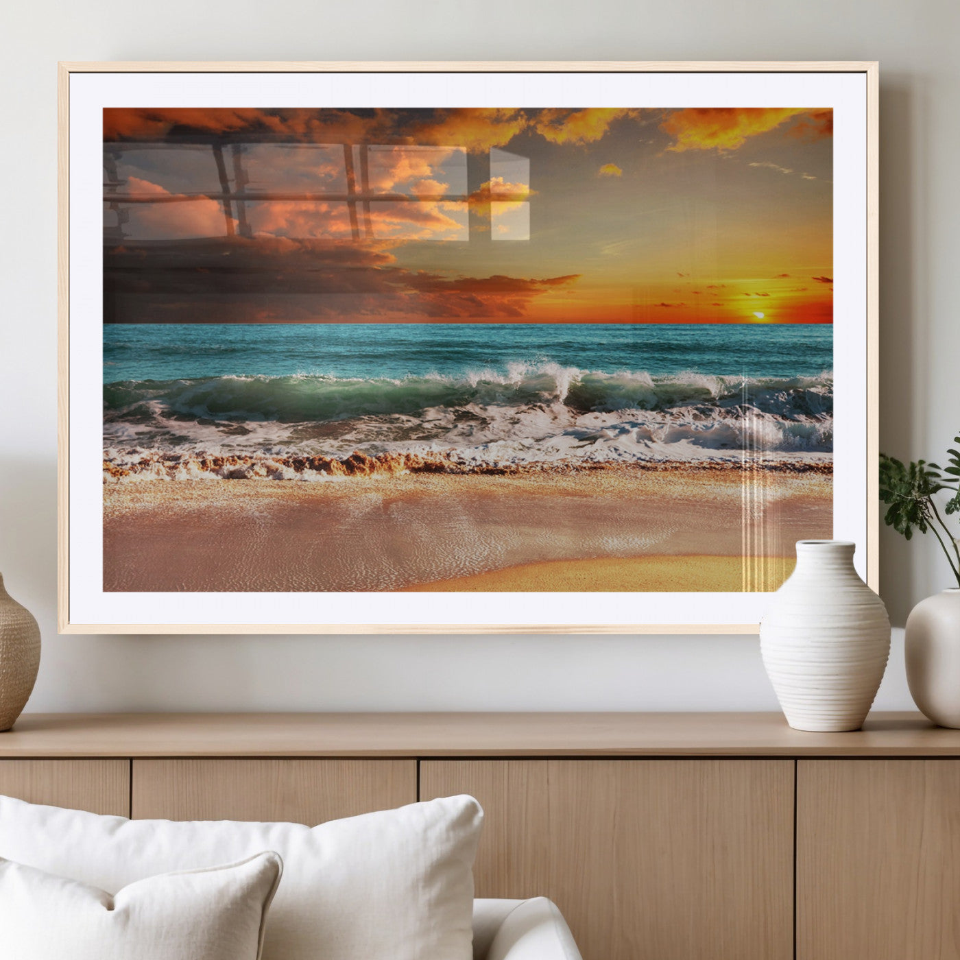 -Golden Sunset Beach Canvas Wall Art – Triptych Seascape Print – Framed and Ready to Hang for Living