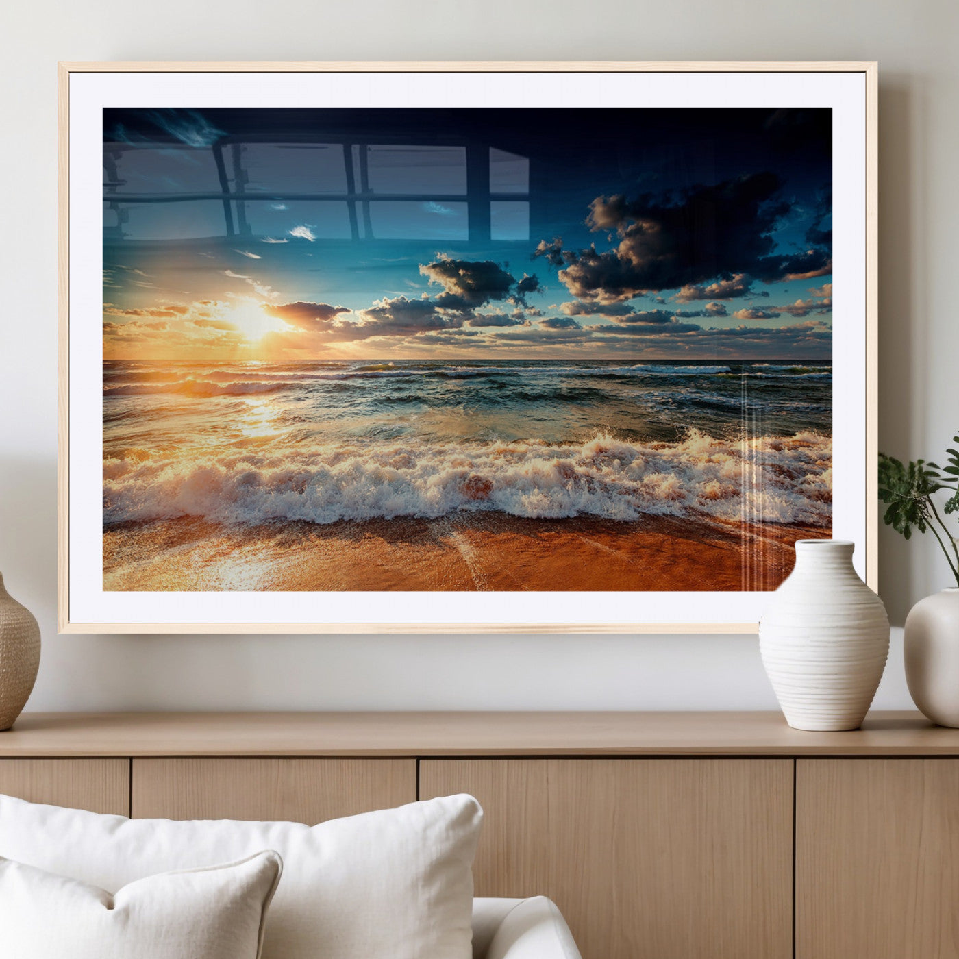 -Golden Hour Sunset Over Ocean Waves Wall Art Canvas Print | 3 Panel Coastal Landscape Canvas Wall