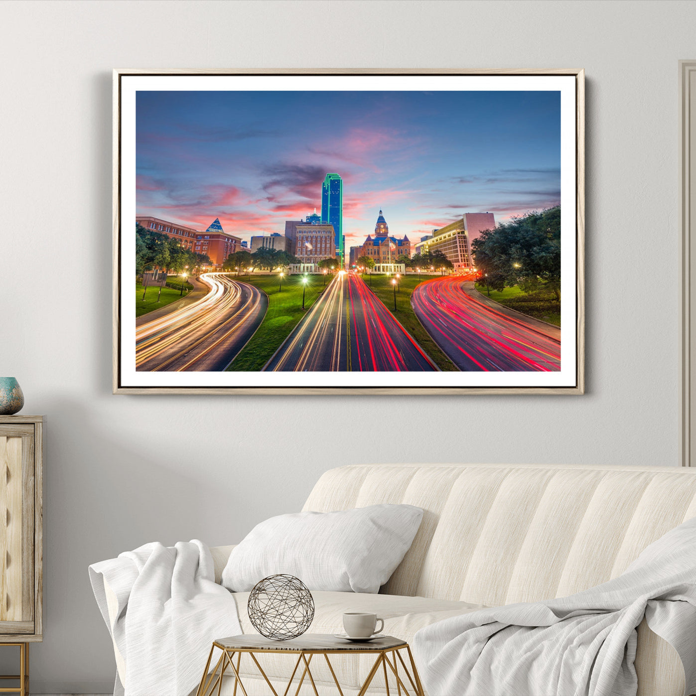 33960-MGC-FP-36x24_Natural-Dallas City Lights Large Wall Art Dallas Cityscape Canvas Print Framed Living Room Decor