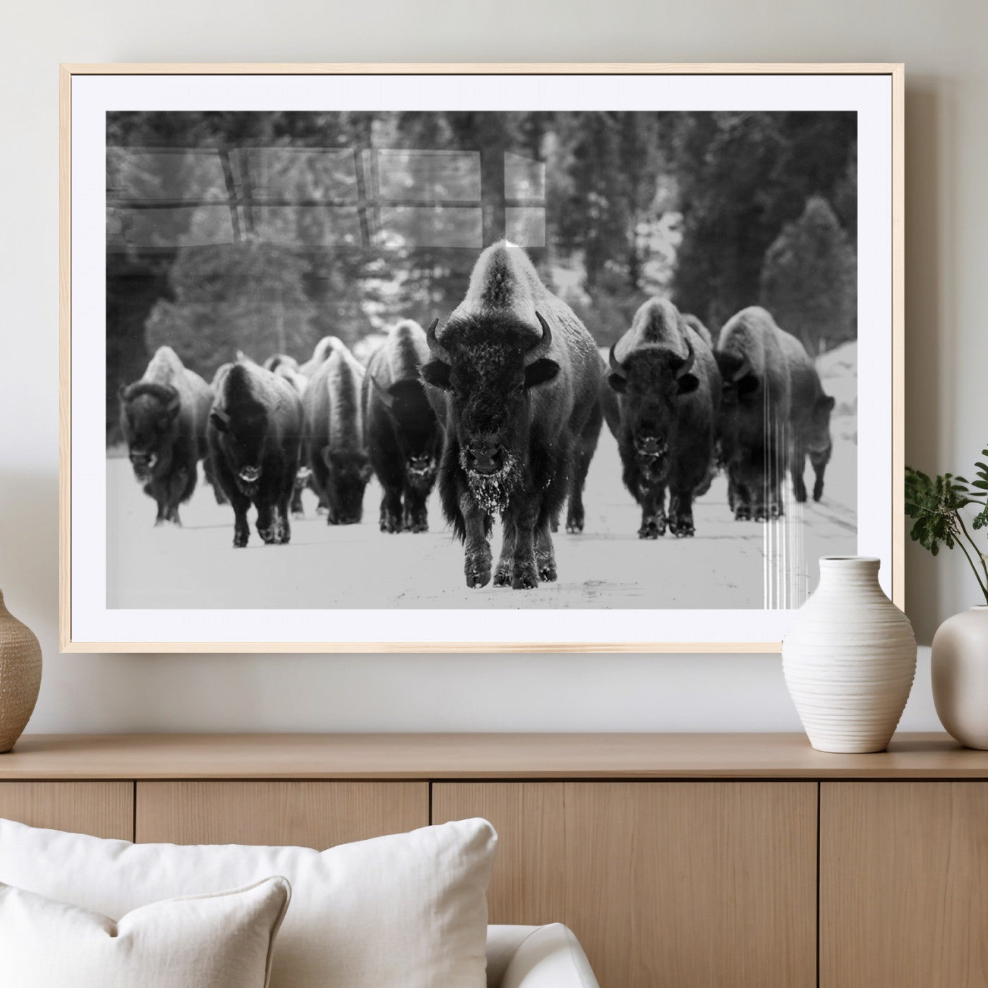 62434-MGV-CV-36X24 - Bison Herd in Snow Wall Art Canvas Print | Rustic Western Bison Wall Art for Decor for Living Room,