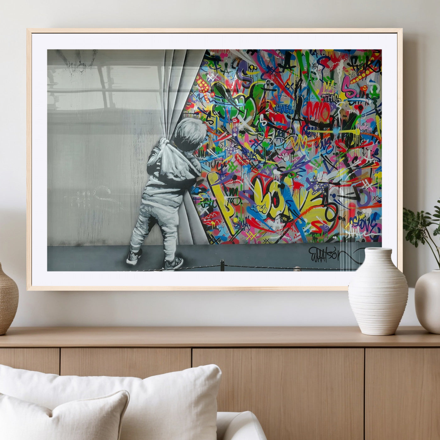 51713-MGV-CV-36X24-Banksy Colorful Street Graffiti Canvas Wall Art Print, Modern Art Triptych, Child and Graffiti Wall,
