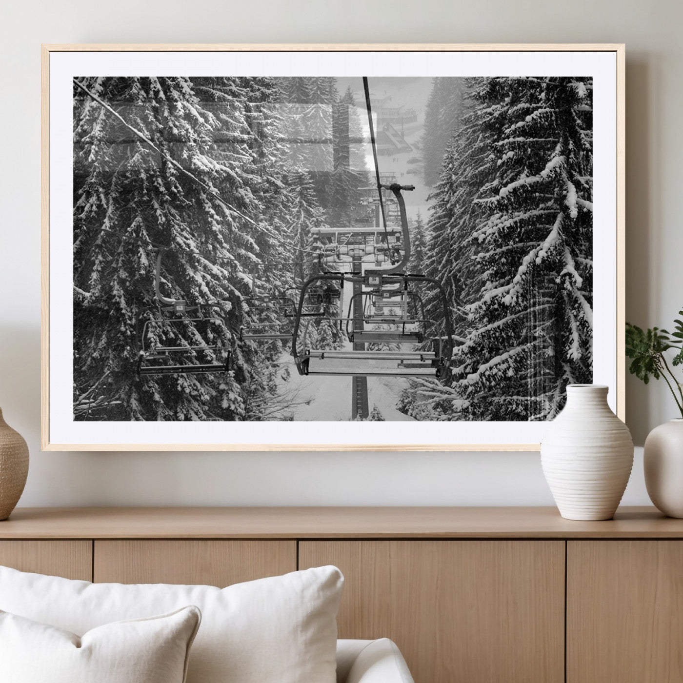 19240-MGV-CV-36X24-Winter Ski Lift Black and White Canvas Wall Art – Alpine Escape in Minimalist Style – Winter Ski