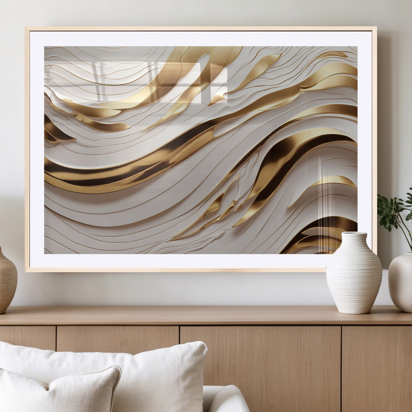 81197-MGV-CV-36X24-Gold and White Abstract Wave Canvas – Elegant Flowing Design with Luxurious Golden Accents –