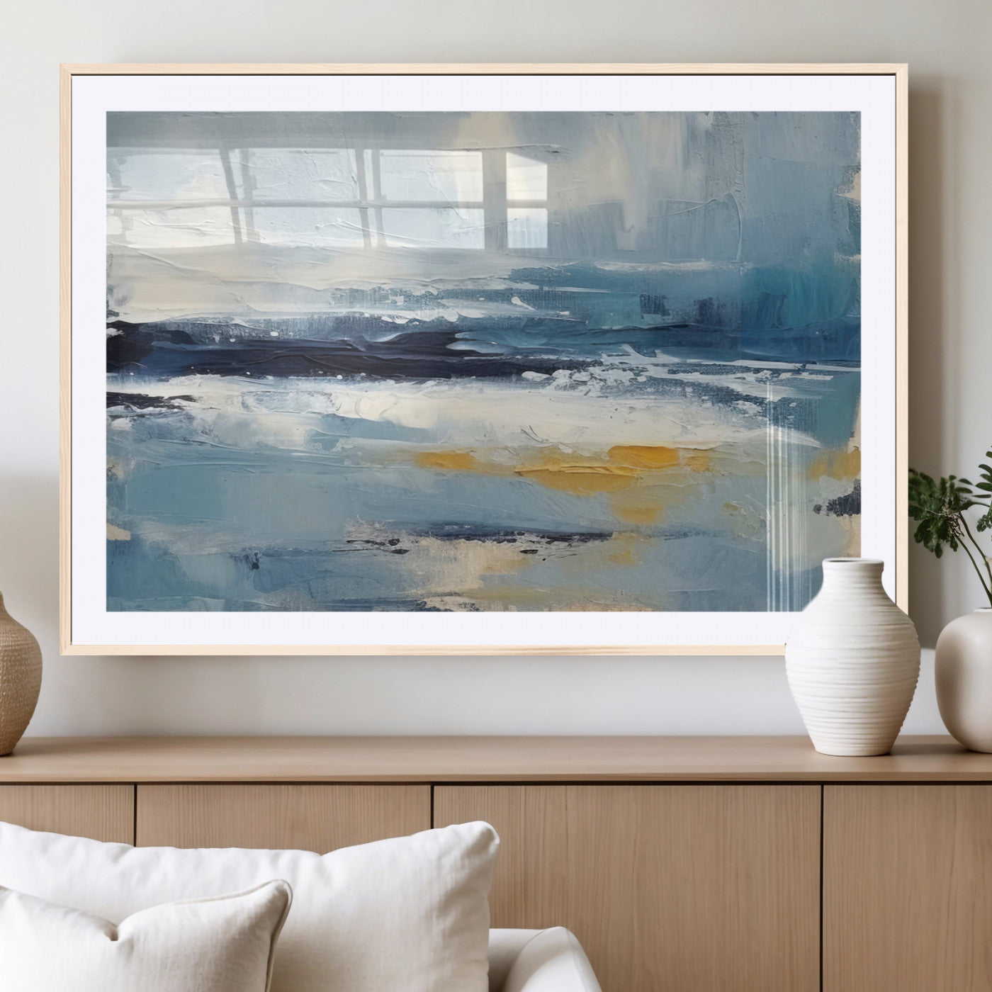 19746-MGV-CV-36X24-Abstract Ocean Canvas Wall Art - Coastal Blue and Gold Textured Painting, Modern Seascape Decor for