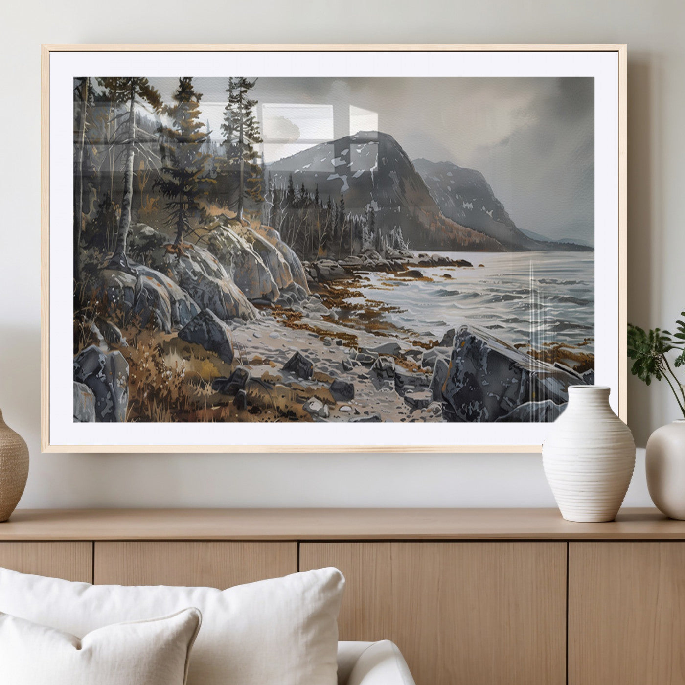 41281-MGC-FP-36x24_Natural-Serene Coastal View of Acadia National Park - Stunning 3-Panel Wall Art Canvas Print, Framed, Ready