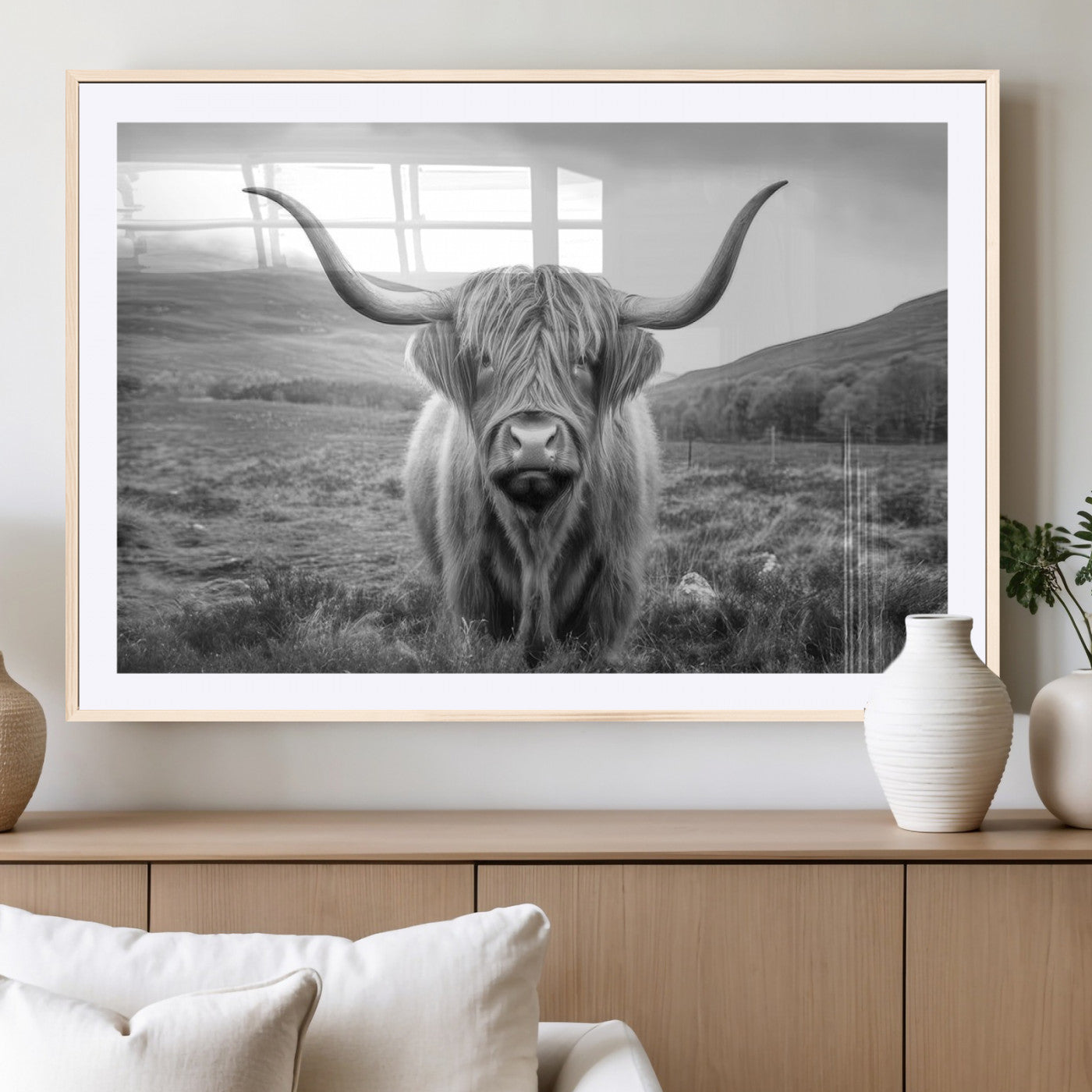 52903-MGC-FP-36x24_Natural-Black White Scottish Highland Cow Canvas Farm Wall Art Canvas Print Rustic Animal Art for Home, Office Decor