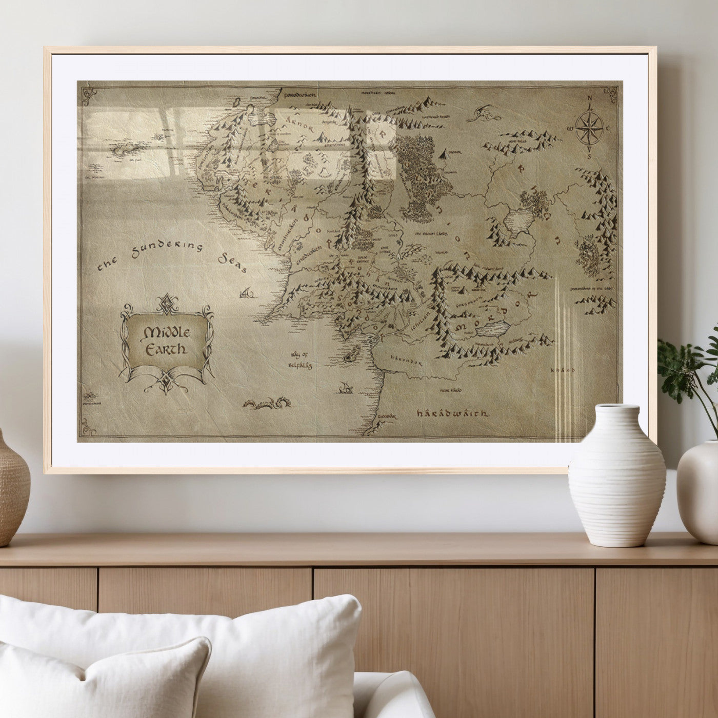 21784-MGV-CV-36X24-Vintage Middle Earth Map Wall Art Canvas – Lord of the Rings Inspired Framed Map Print, Classic Fantasy Decor for Home, Office
