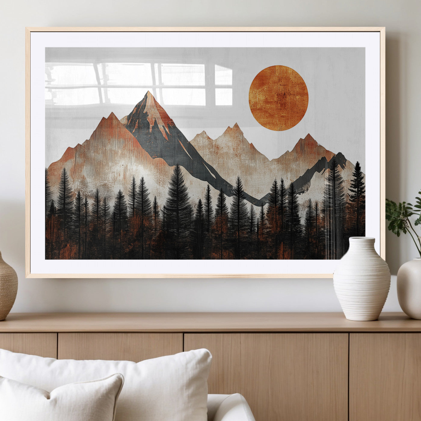 71366-MGC-FP-36x24_Natural-Modern Abstract Mountain Canvas Wall Art Print, Abstract Landscape Print, Rustic Sun and Mountains
