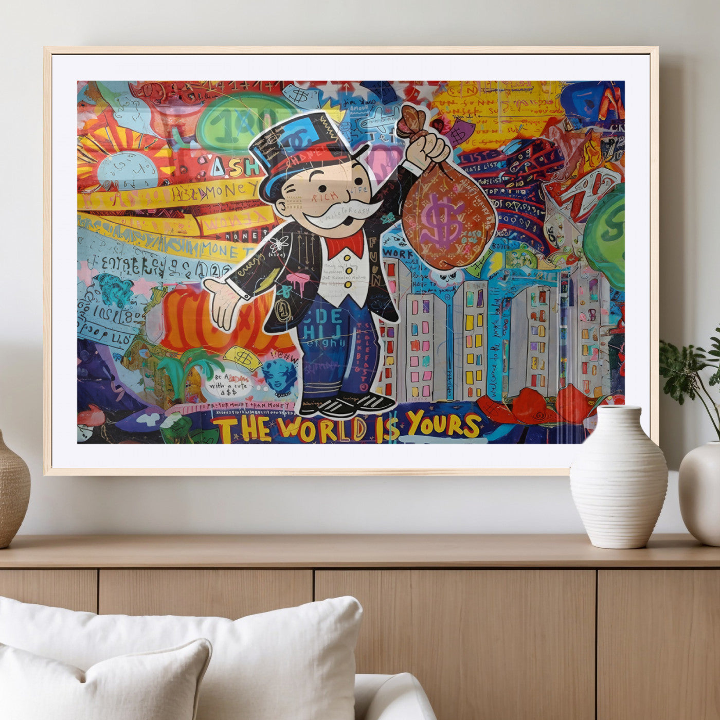 96320-MGC-FP-36x24_Natural-Pop Art Monopoly Man Canvas Wall Art Print - Bold and Colorful Street Art-Inspired Decor for Living