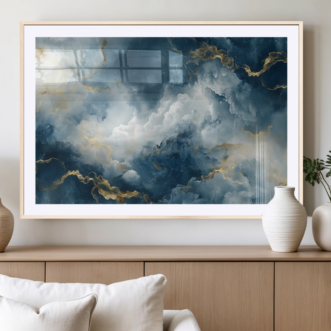 48298-MGC-FP-36x24_Natural-Large Abstract Print - Luxe Blue and Gold Abstract Canvas Wall Art - Bold Cloudscape Canvas for