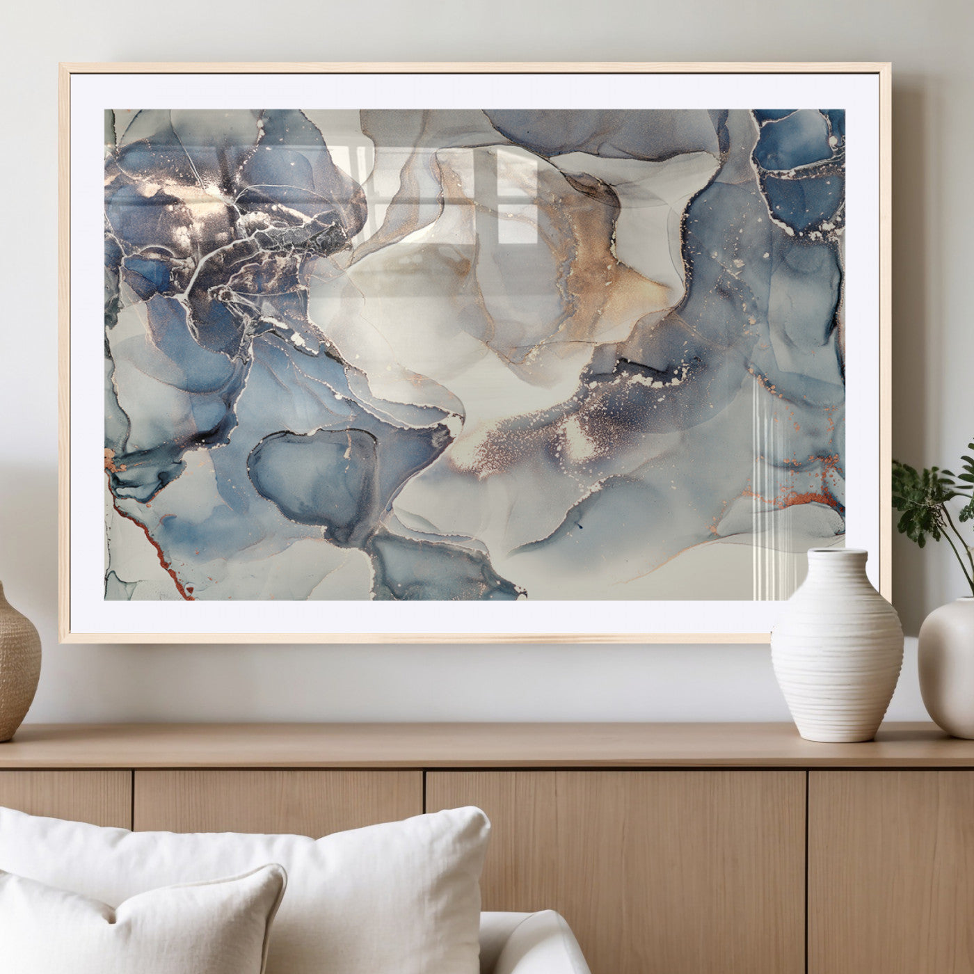 51497-MGC-FP-36x24_Natural-Abstract Blue and Gold Canvas Wall Art - Fluid Modern Ink Artwork - Modern Luxury Wall Decor for