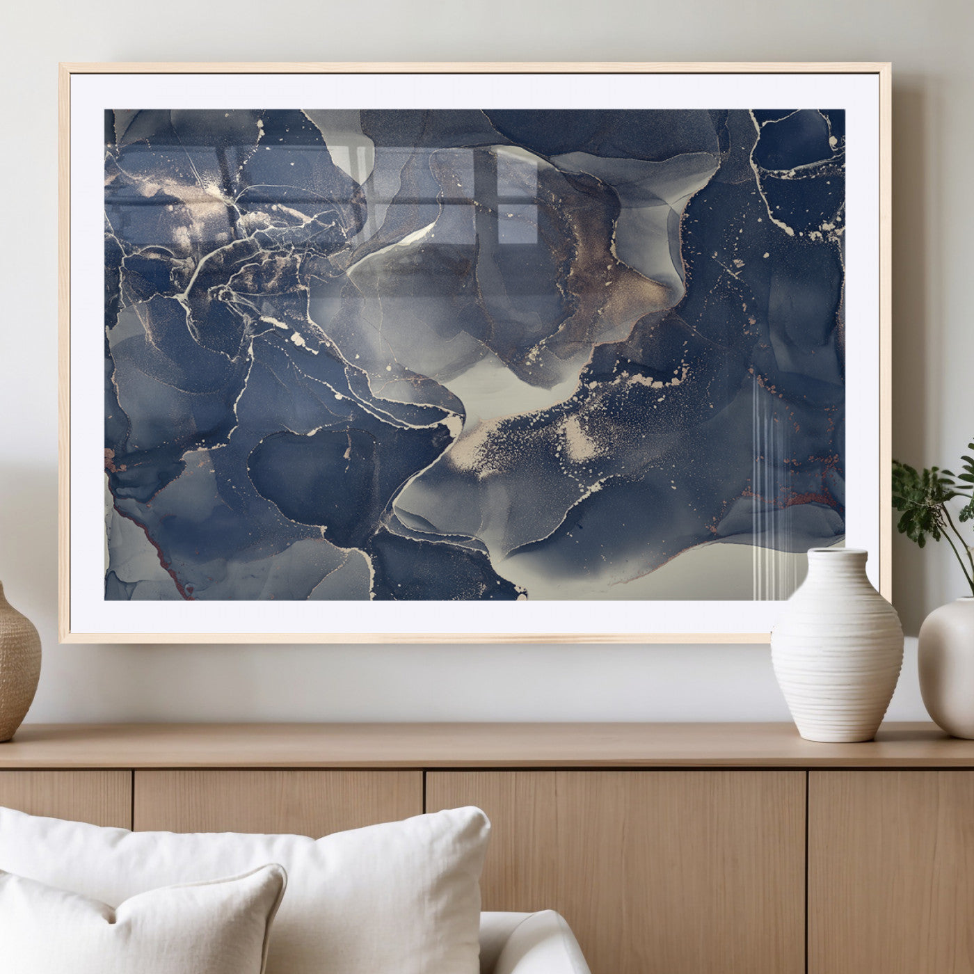 28282-MGV-CV-36X24-Large Abstract Blue and Gold Canvas Wall Art | Fluid Ink Artwork Print | Luxury Wall Decor for