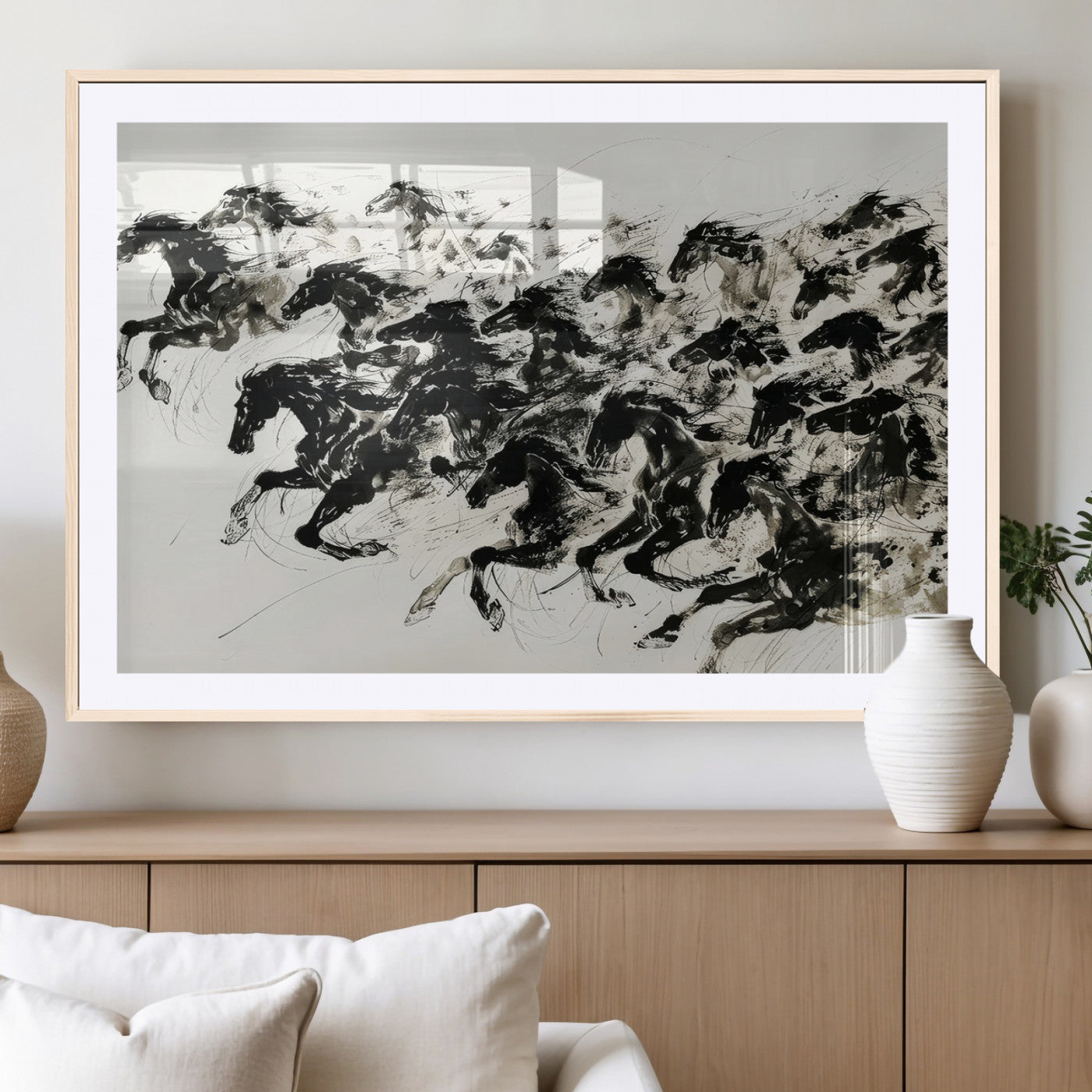 23069-MGC-FP-36x24_Natural-Abstract Horse Wall Art Canvas Print - Dynamic Black Ink Horse Print - Modern Equine Wall Decor for
