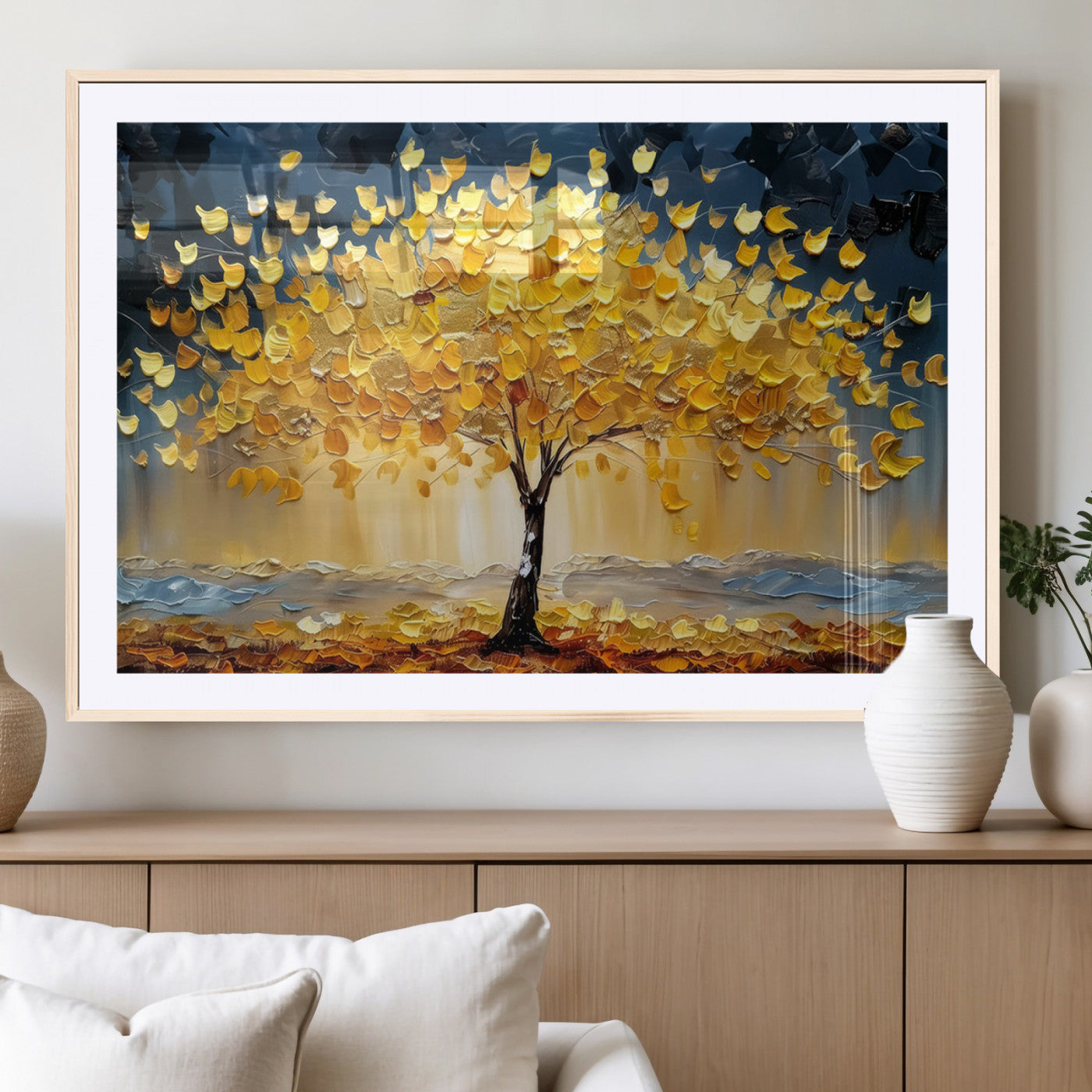 45682-MGC-FP-36x24_Natural-Golden Autumn Tree Wall Art – Framed Fall Leaves Canvas Artwork, Vibrant Seasonal Design, Cozy Nature Decor for Home, Office