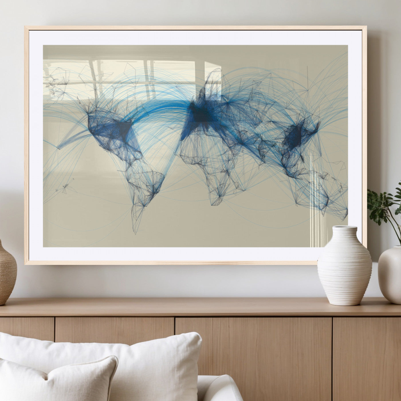Map-Blue-Contract-MGV-CV-36X24-Flight Routes Map Art – Modern Air Traffic World Map Canvas Print with Blue Connections, Framed Wall Art for Office or Home Decor
