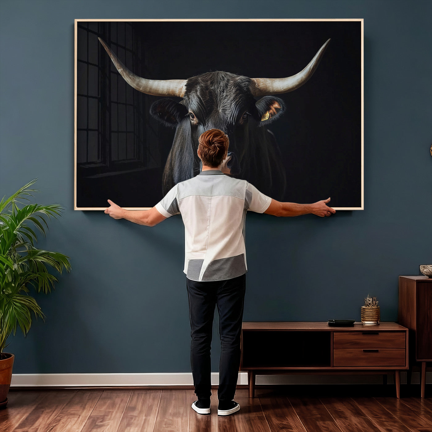 48065167-MGV-CV-36X24 - Texas Longhorn Bull Wall Art Canvas Print – Western Black Bull Art Print for Farmhouse Ranch Decor