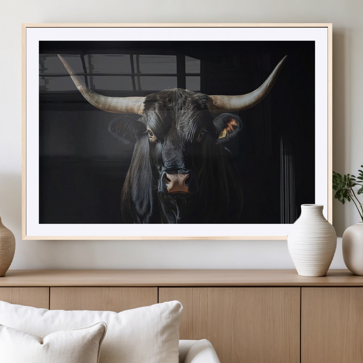 48065167-MGC-FP-36x24_Natural-Majestic Longhorn Bull Wall Art Canvas Print – Dark Background Western Ranch Portrait Artwork for Home, Office