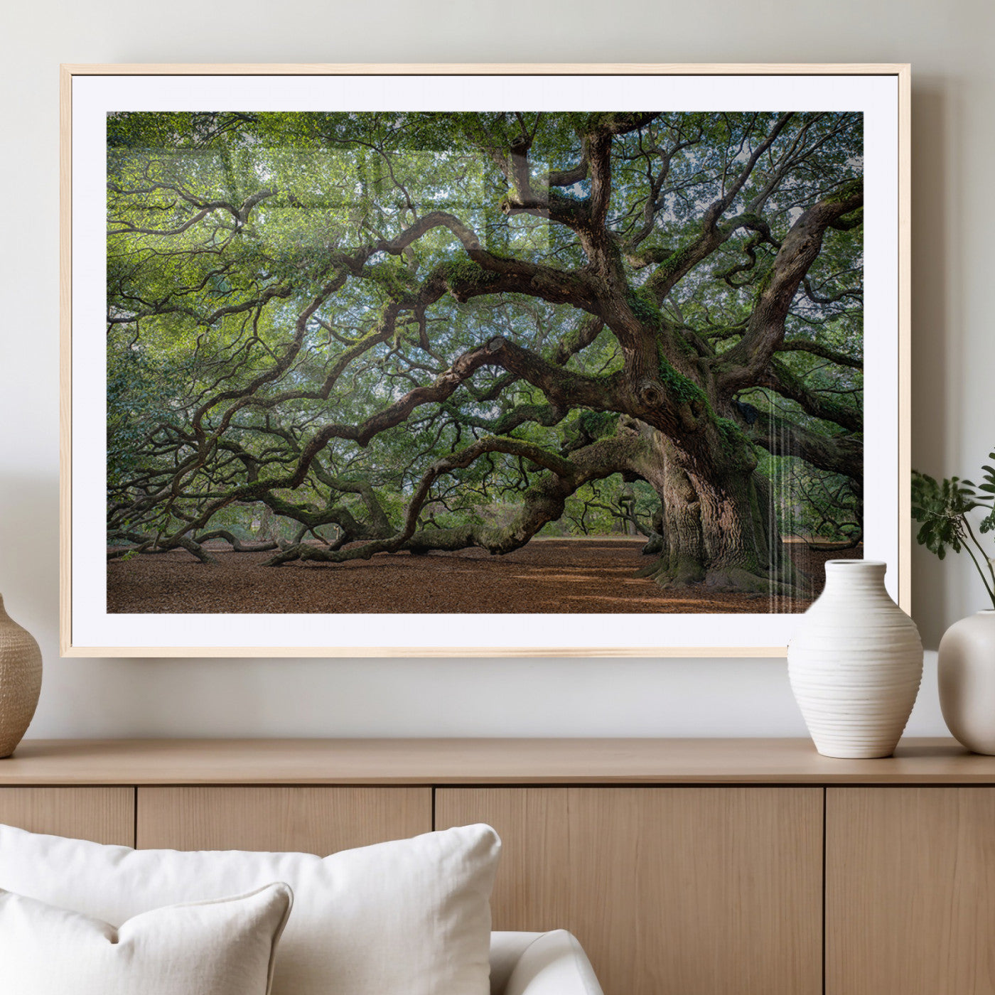 94886260-MGC-FP-36x24_Natural-Historic Tree Wall Art – Framed Mossy Branch Canvas Artwork, Twisted Woodland Design, Rustic Nature Decor for Home, Office