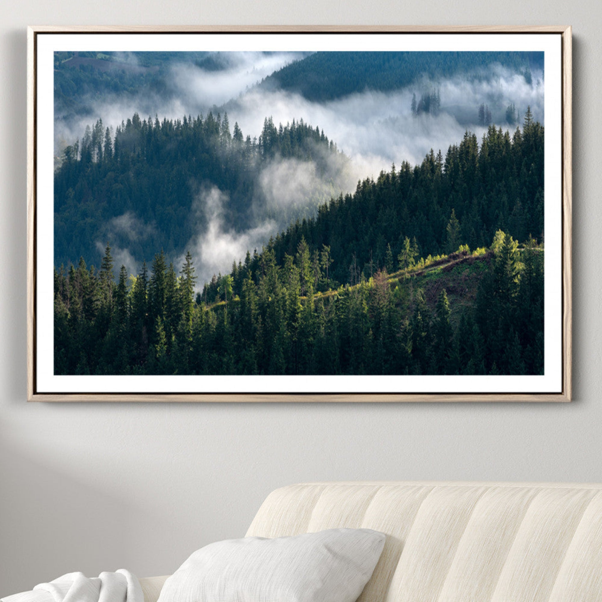84598503-MGV-CV-36X24-Misty Forest Wall Art Canvas Print – Pine Hills Foggy Trees Moody Landscape Nature Artwork for Home Office