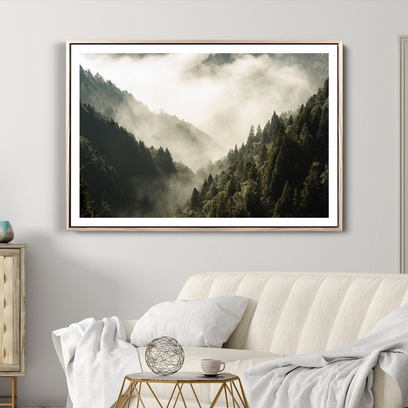 -Misty Valley Canvas Print, Framed Foggy Forest Art Picture Print, Pine Trees Perfect Moody Woodland