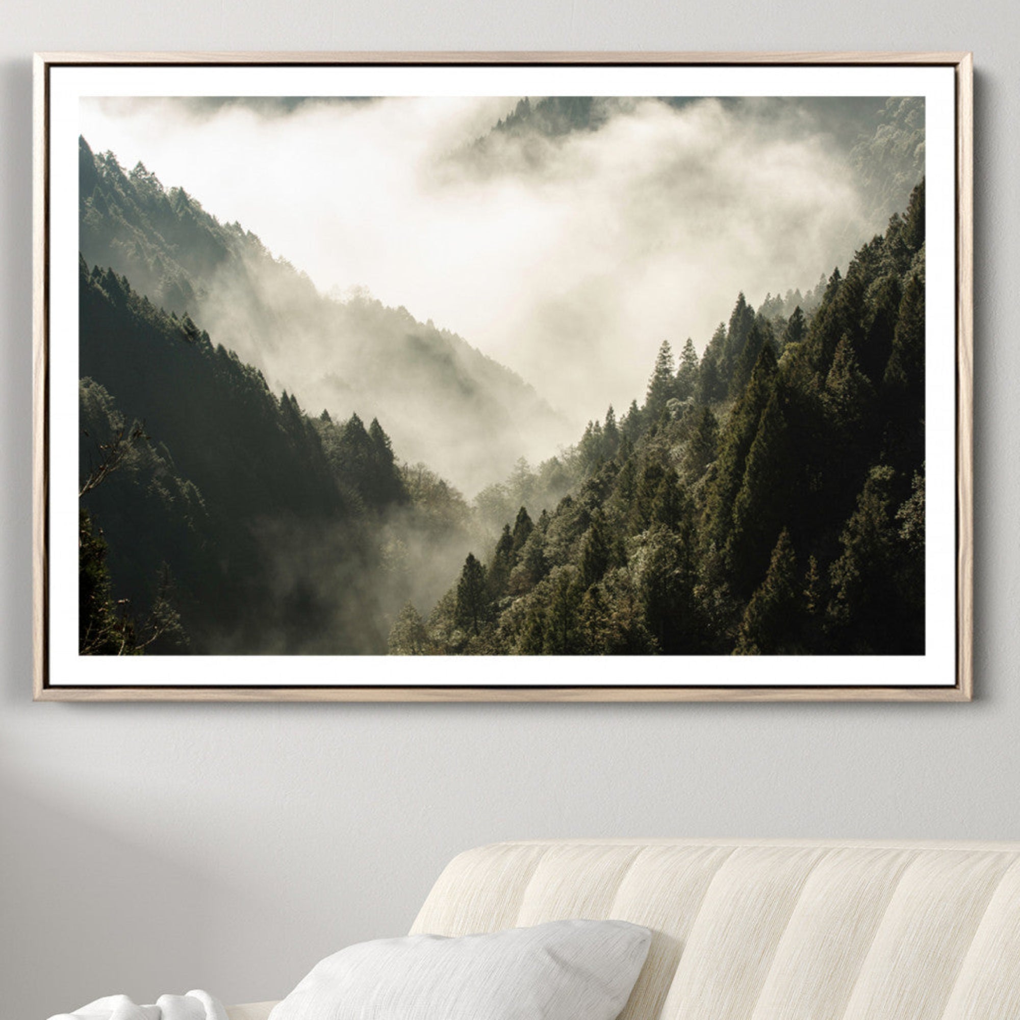 57570237-MGV-CV-36X24-Misty Valley Wall Art Canvas Print – Foggy Forest Pine Trees Serene Woodland Landscape Artwork for Home Office
