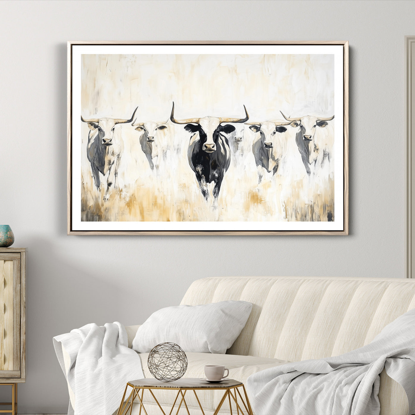 -Texas Longhorn Canvas Print, Framed Rustic Herd Art Picture Print, Western Bull Perfect Neutral