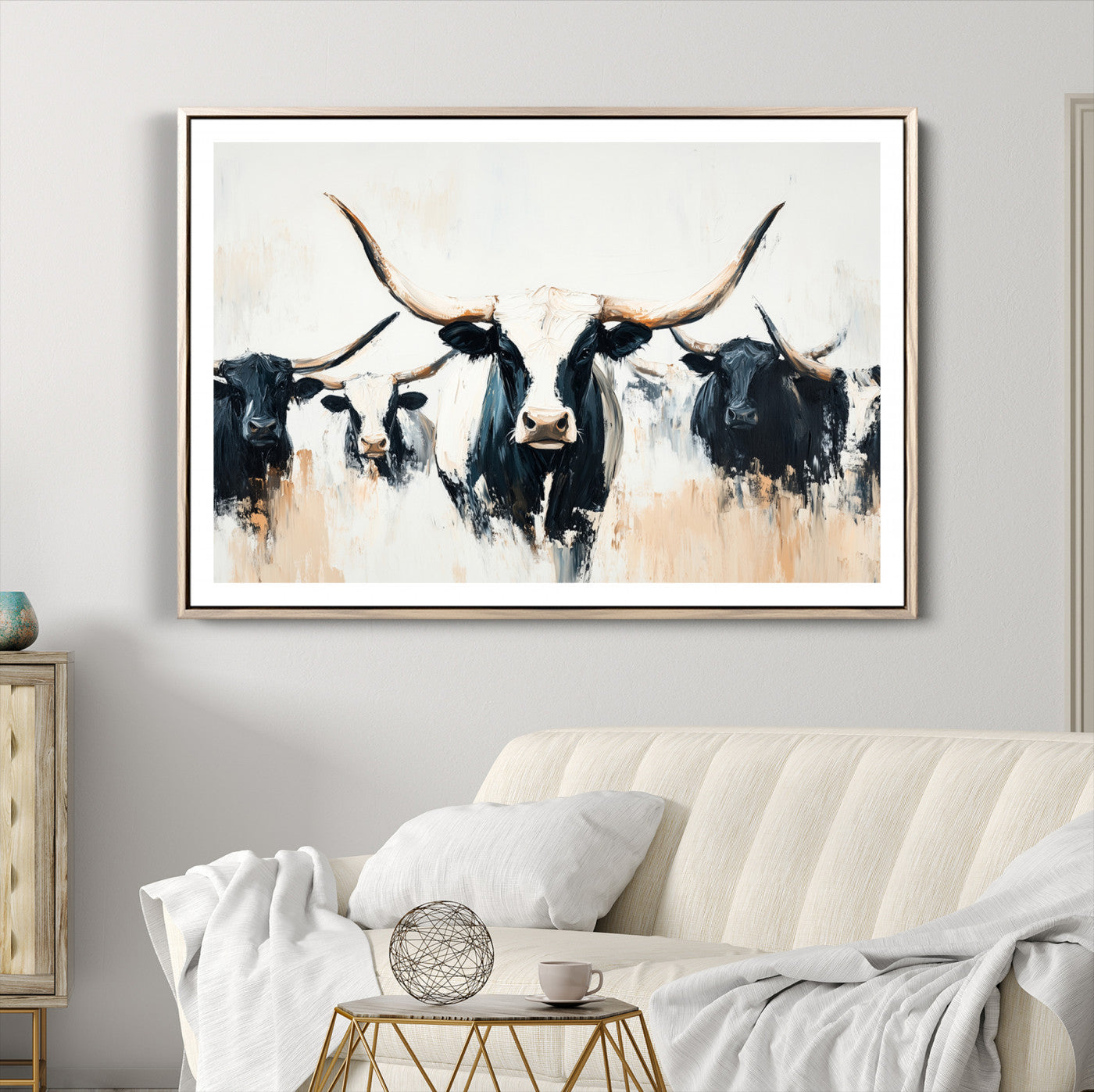 -Texas Longhorn Wall Art Canvas Print, Framed Western Cattle Art Picture Print, Horned Bull Perfect