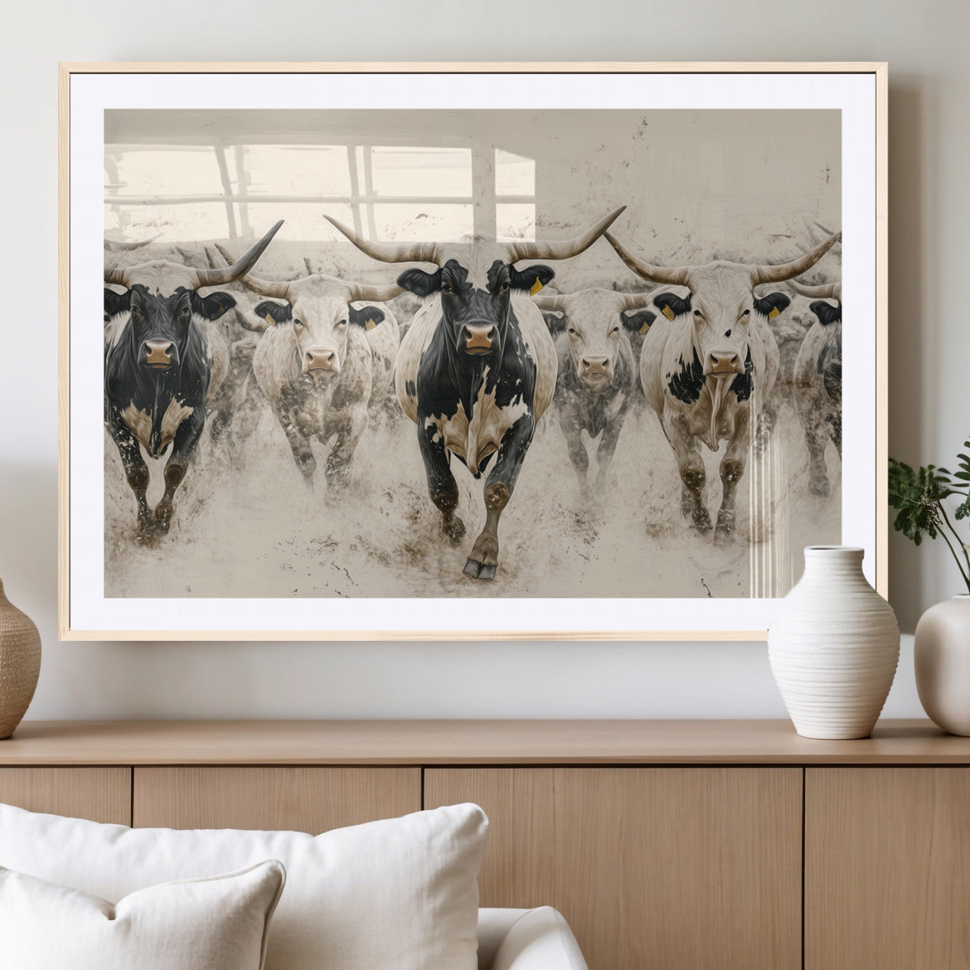 MGC-FP-36x24 - Cream Dust Longhorn Wall Art – Canvas Print of Western Herd Stampede, Dynamic Charge, Rustic Prairie Motion, Bold Nature Farm Decor