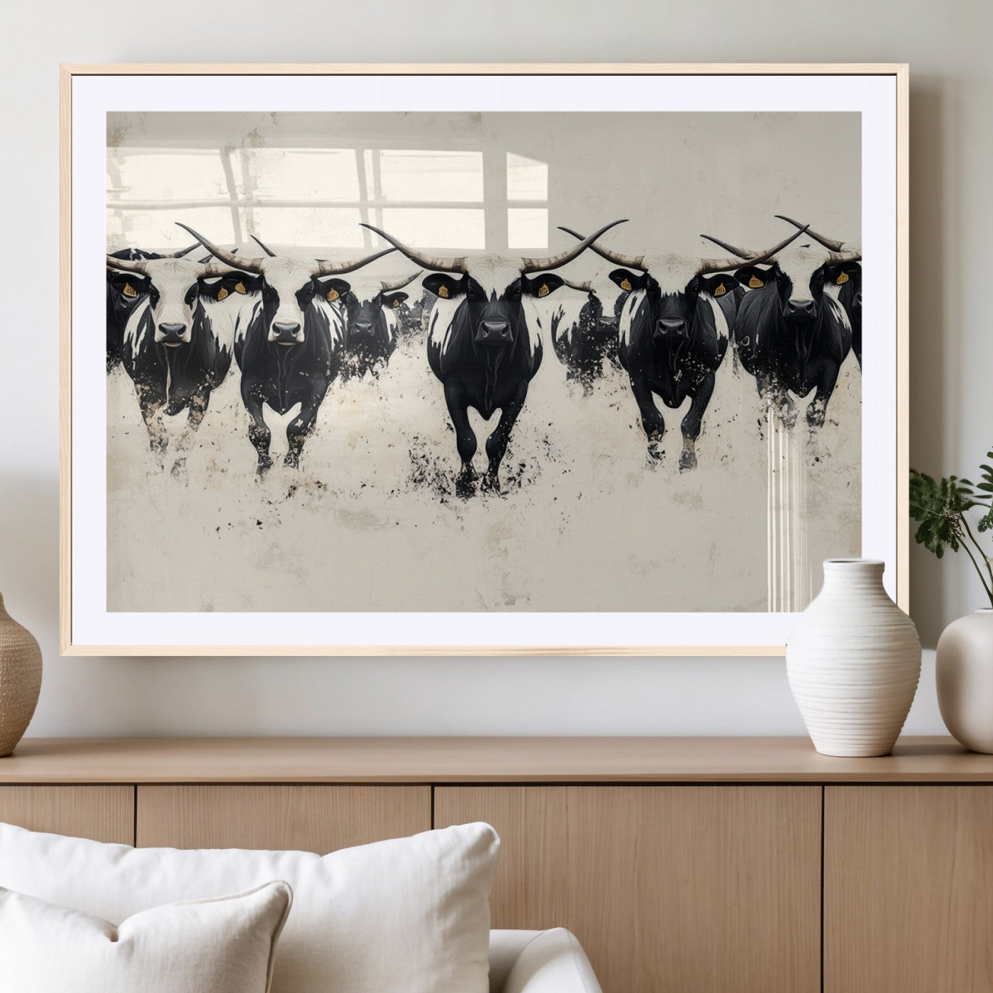 MGC-FP-36x24 - Longhorn Cattle Wall Art – Canvas Print of Herd in Motion, Symmetry and Ink Splatter, Minimalist Western Ranch, Bold Rustic Farm Decor