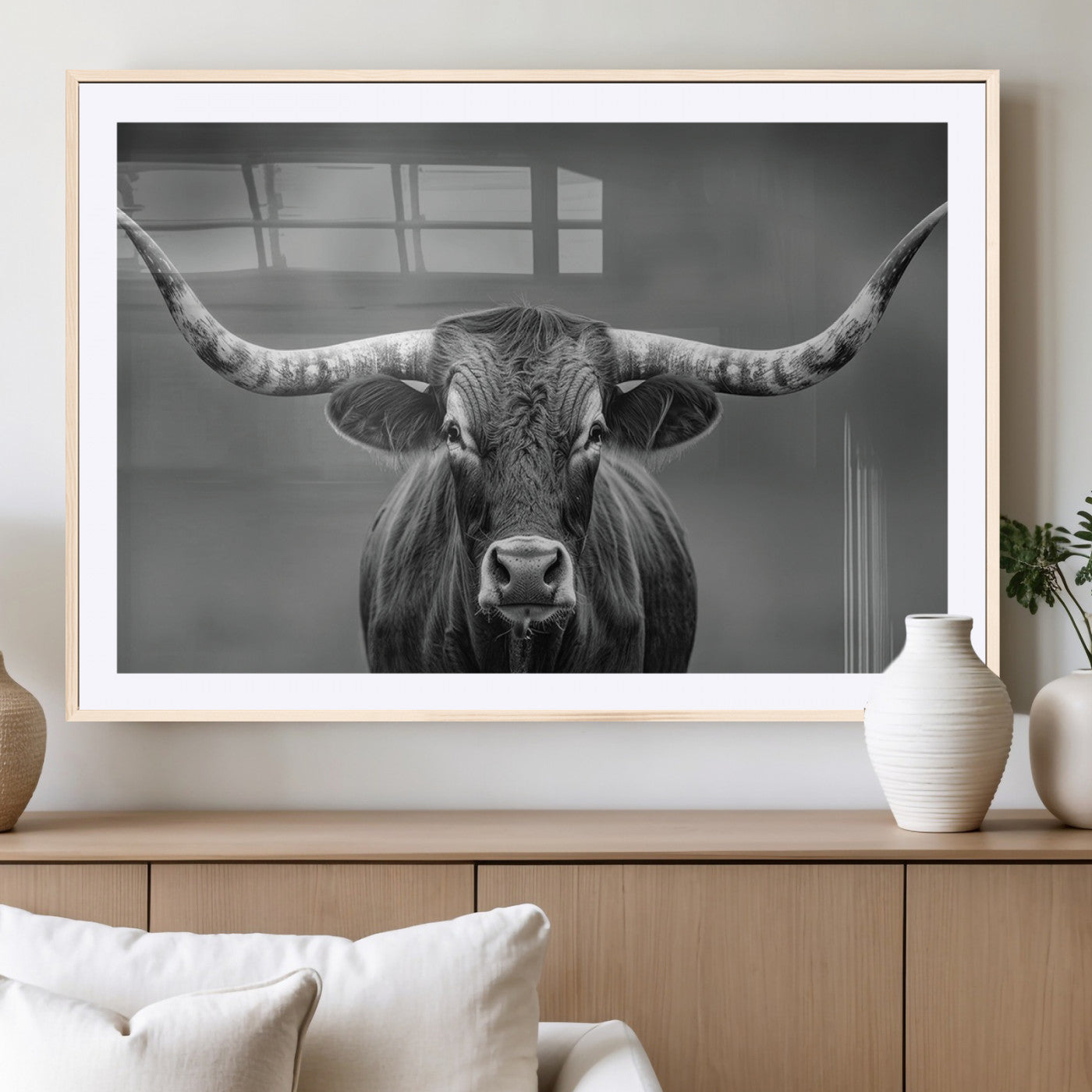 81228550-MGC-FP-36x24_Natural-Framed Texas Longhorn Bull Art Canvas Print, Western Bull Wall Art Print, Long Horn Bull Photo Print
