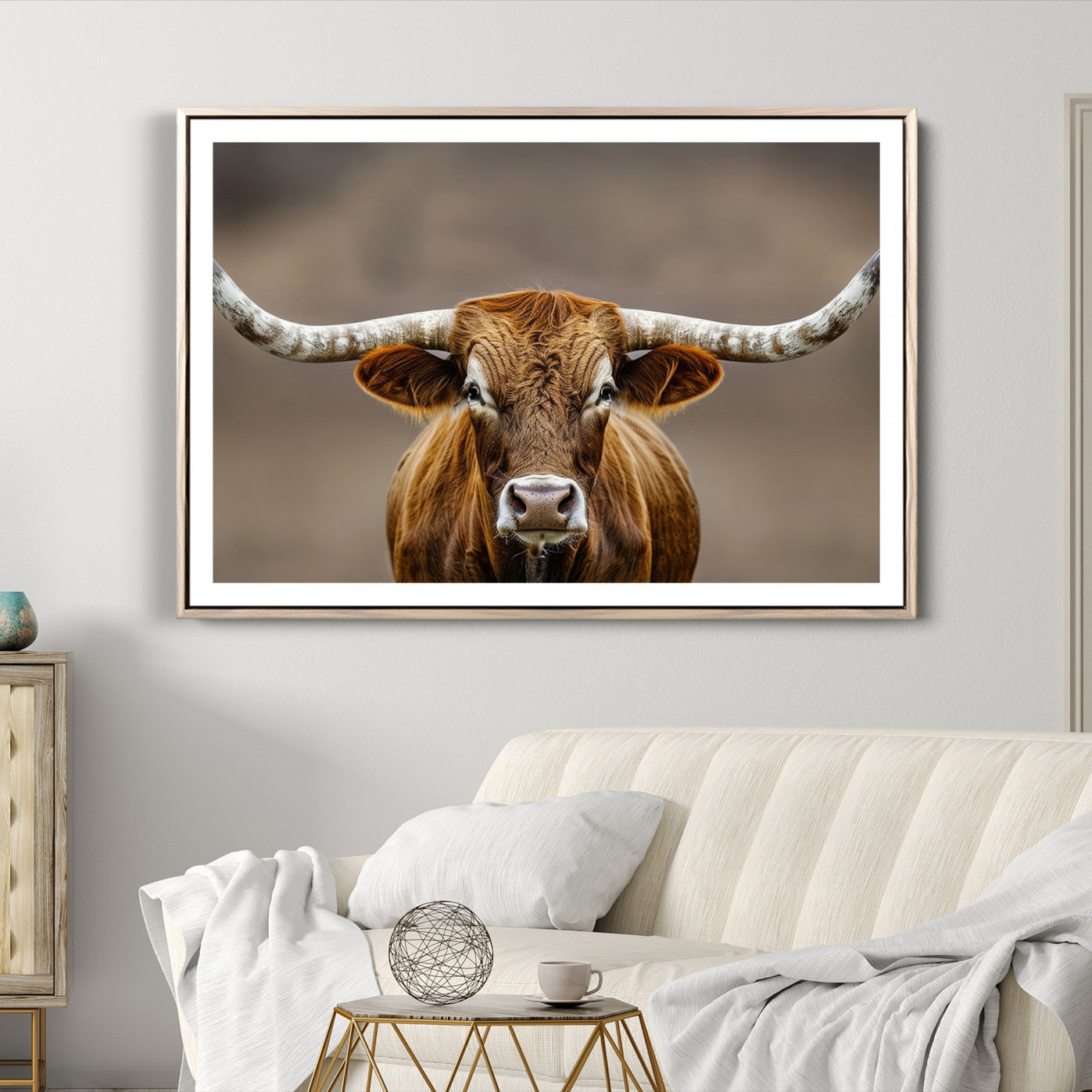 -Texas Longhorn Wall Art Canvas Print, Framed Brown Bull Art Picture Print, Lone Cattle Perfect