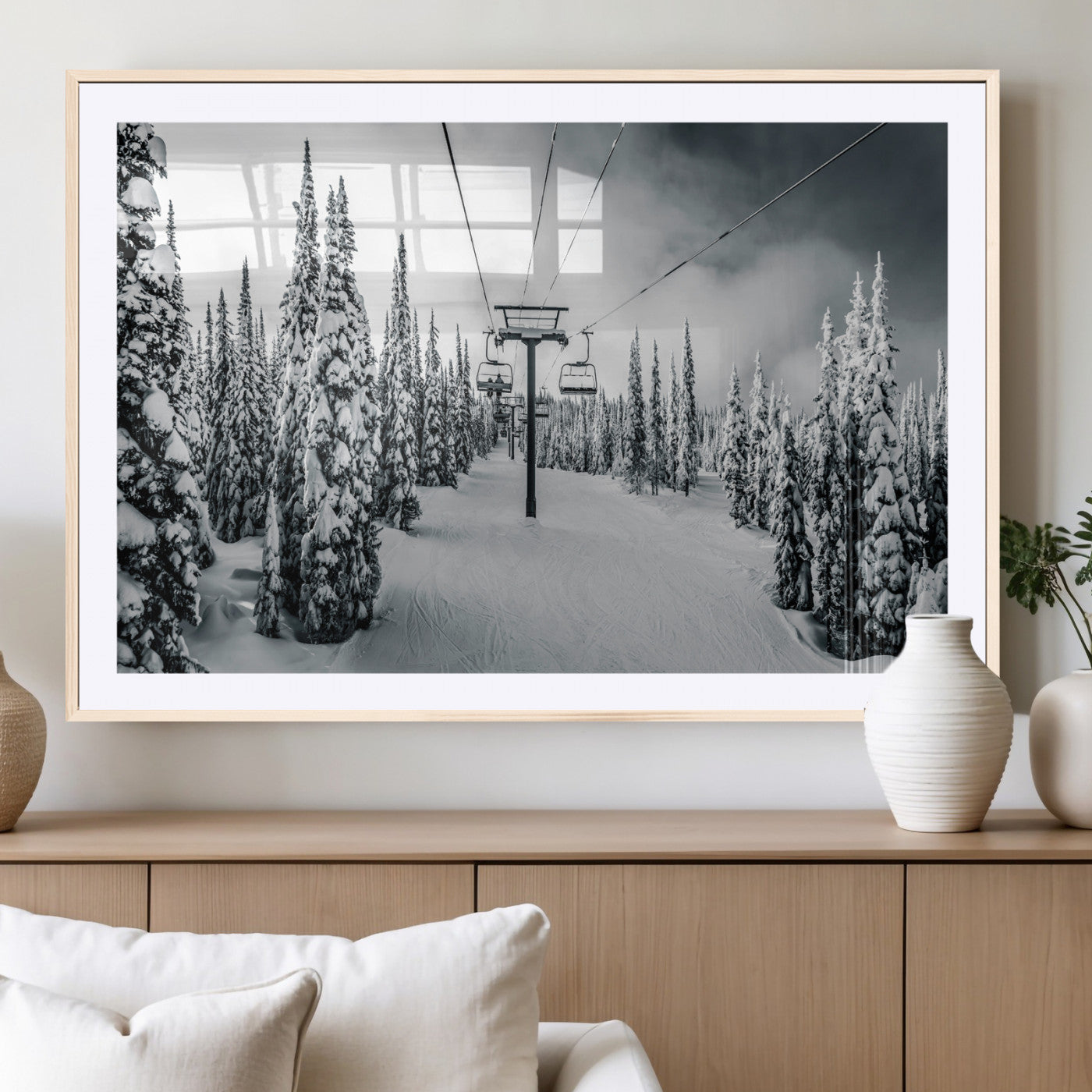 31156828-MGV-CV-36X24-Snowy Pines Wall Art Canvas Print – Framed Ski Lift Winter Forest Snowy Landscape Moody Lodge Artwork for Home, Office